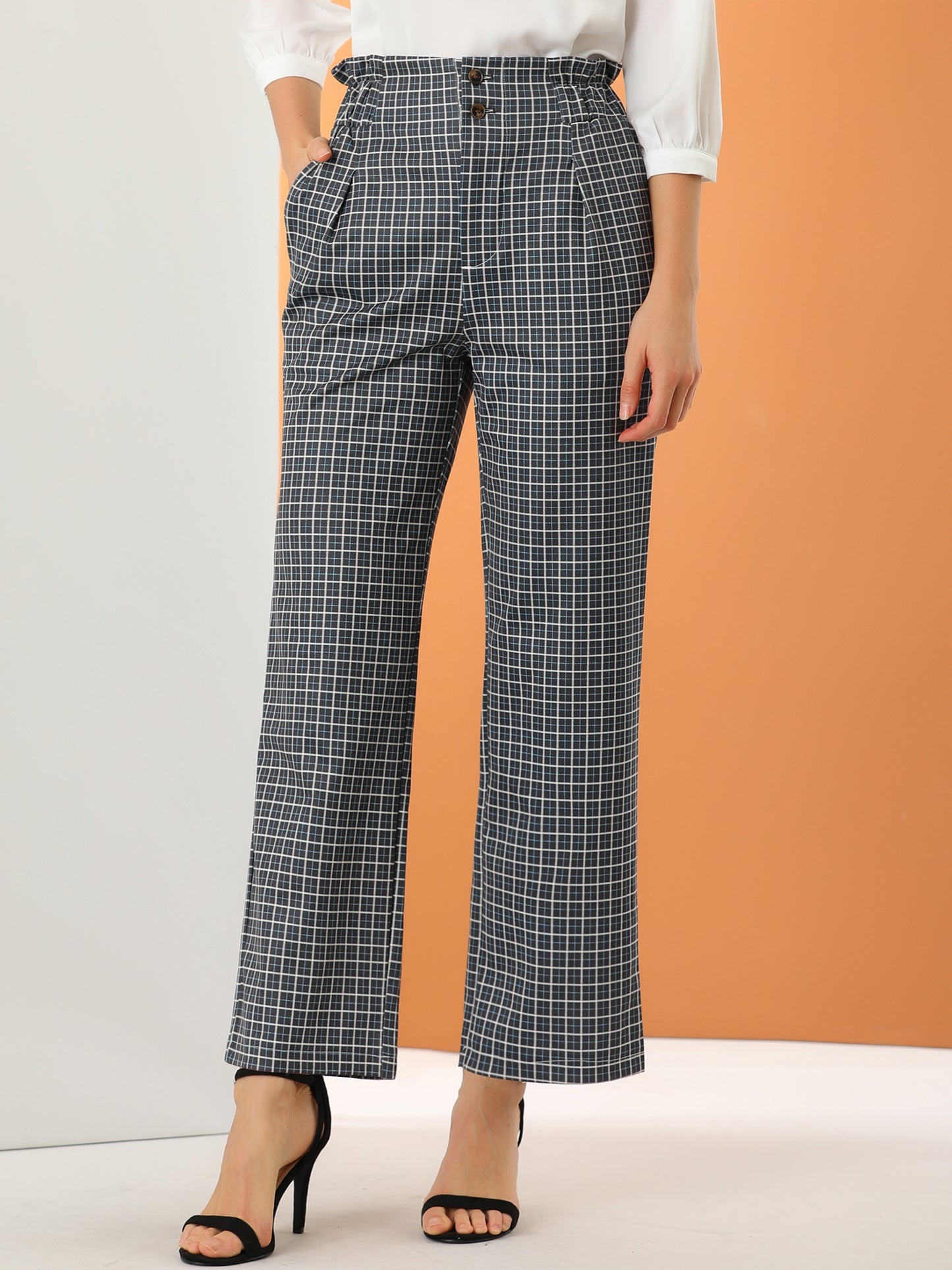 Women's High Waist Casual Plaid Tartan Straight Leg Long Pants