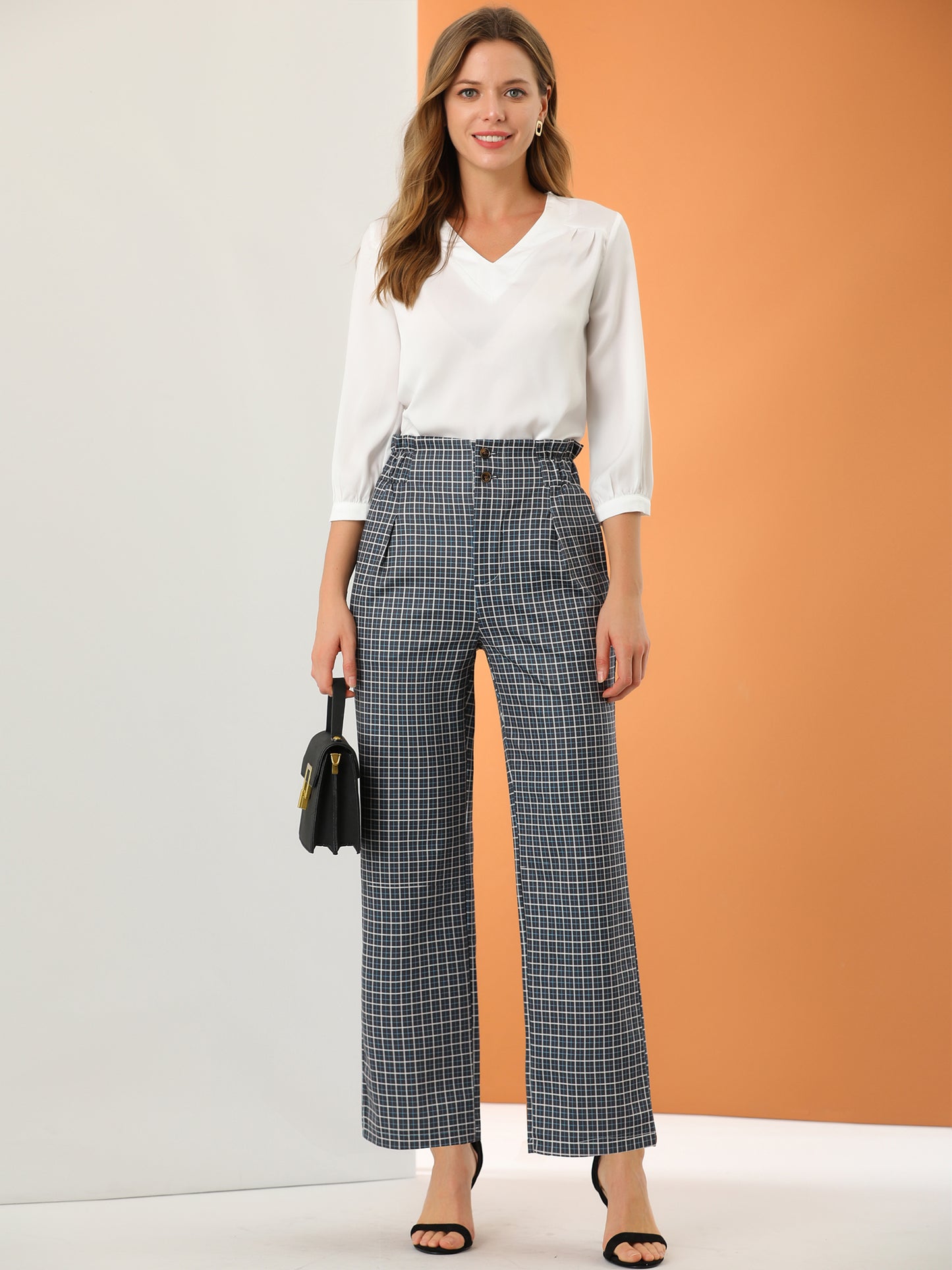 Women's High Waist Casual Plaid Tartan Straight Leg Long Pants