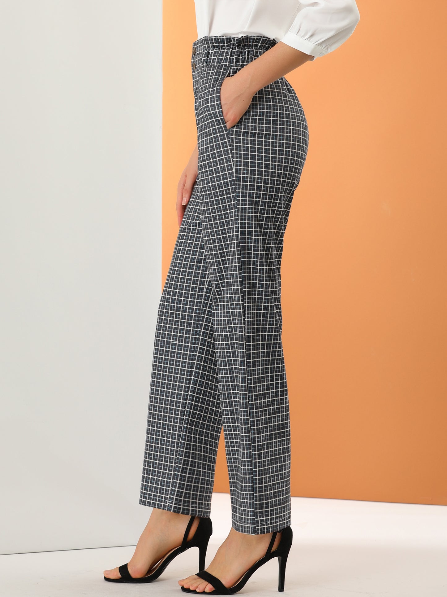 Women's High Waist Casual Plaid Tartan Straight Leg Long Pants