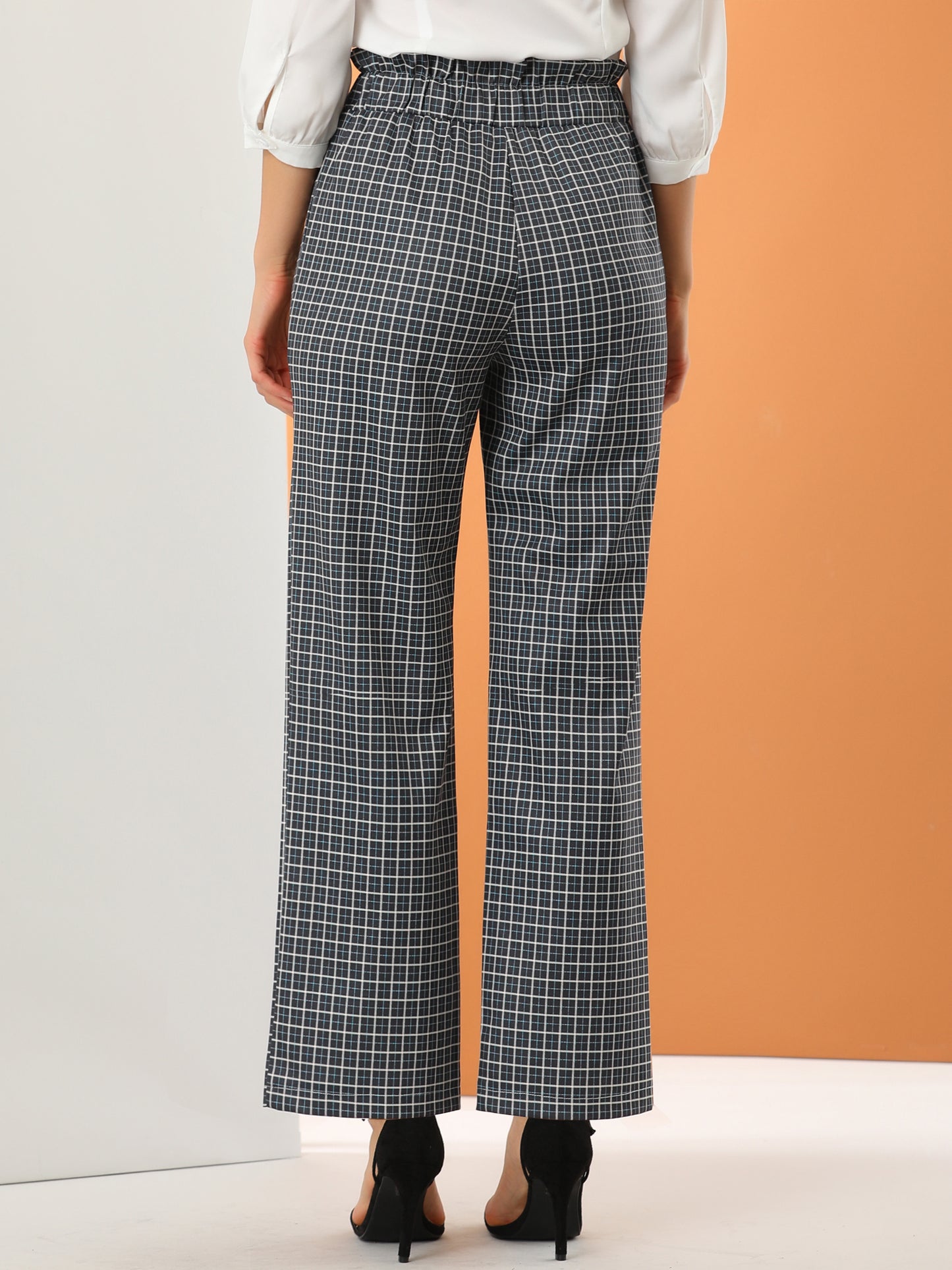 Women's High Waist Casual Plaid Tartan Straight Leg Long Pants