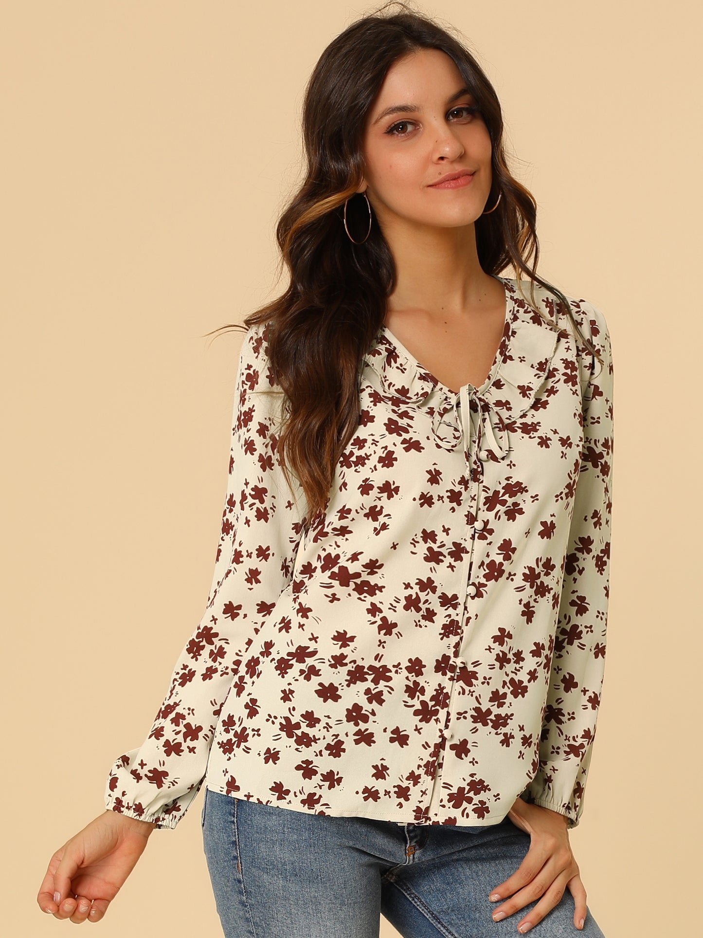 Women's Floral Tie V Neck Ruffle Blouse Top