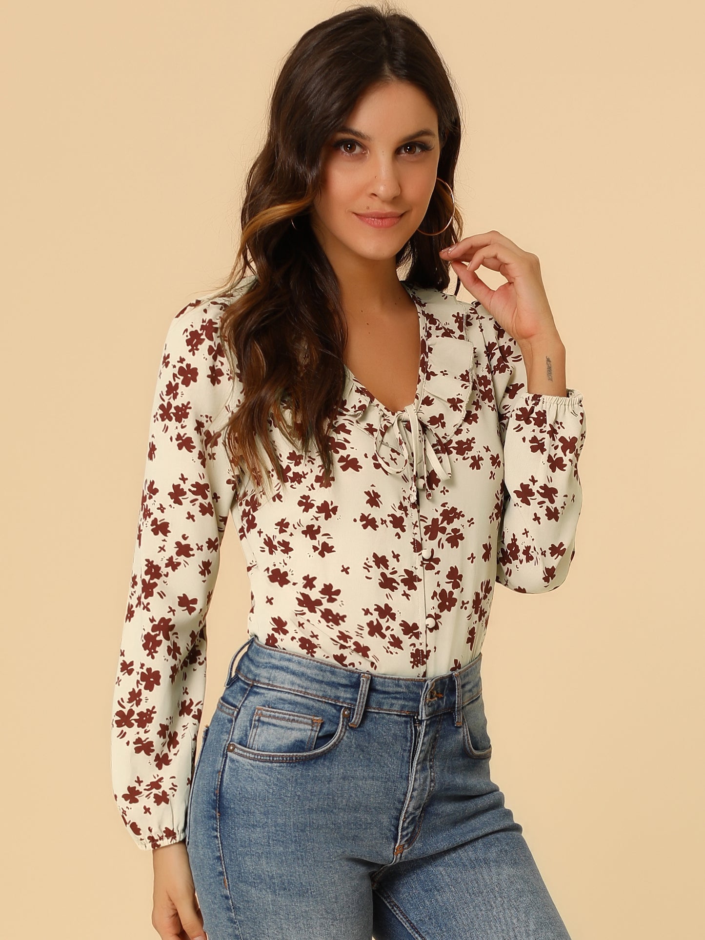 Women's Floral Tie V Neck Ruffle Blouse Top
