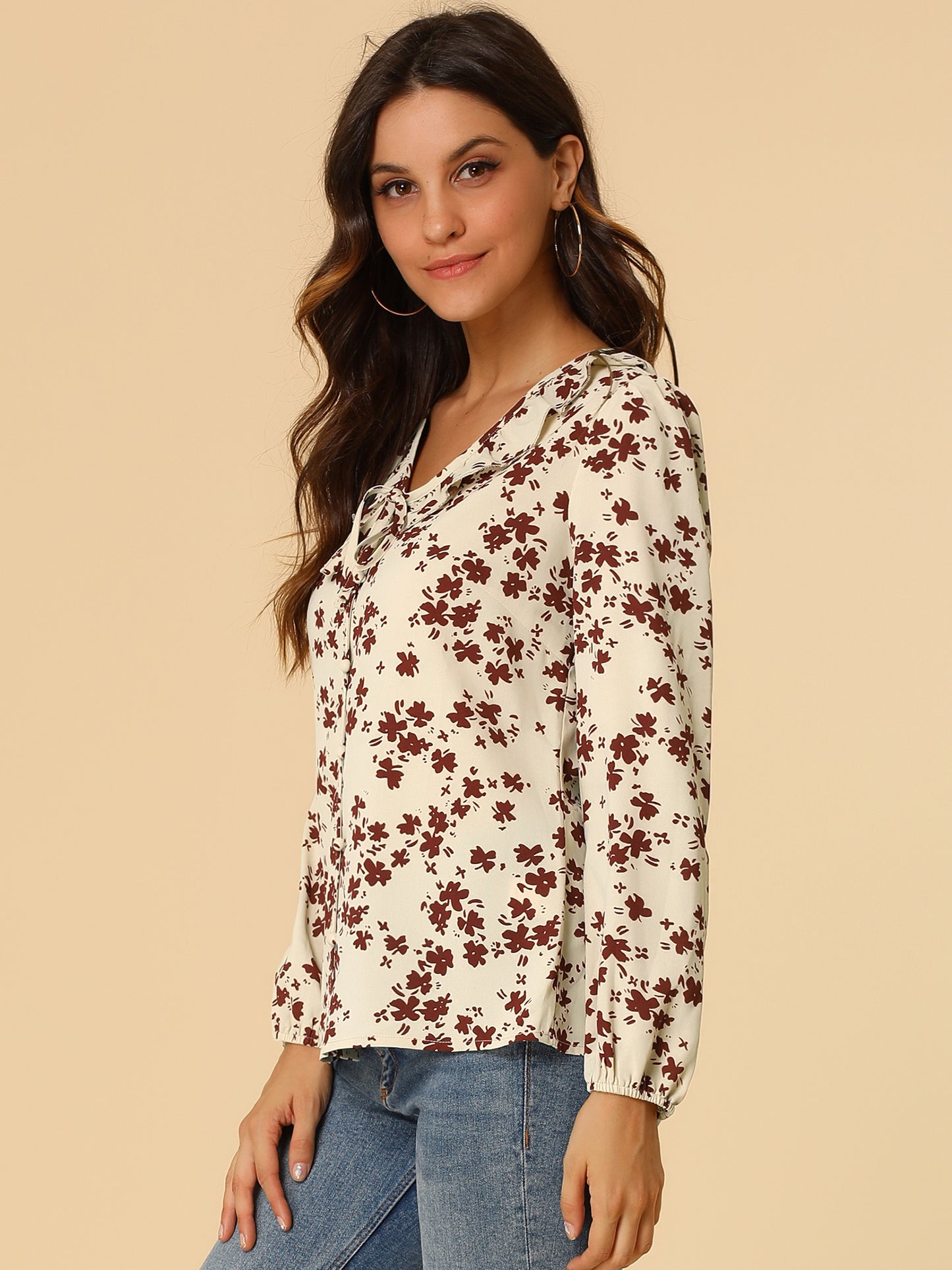 Women's Floral Tie V Neck Ruffle Blouse Top