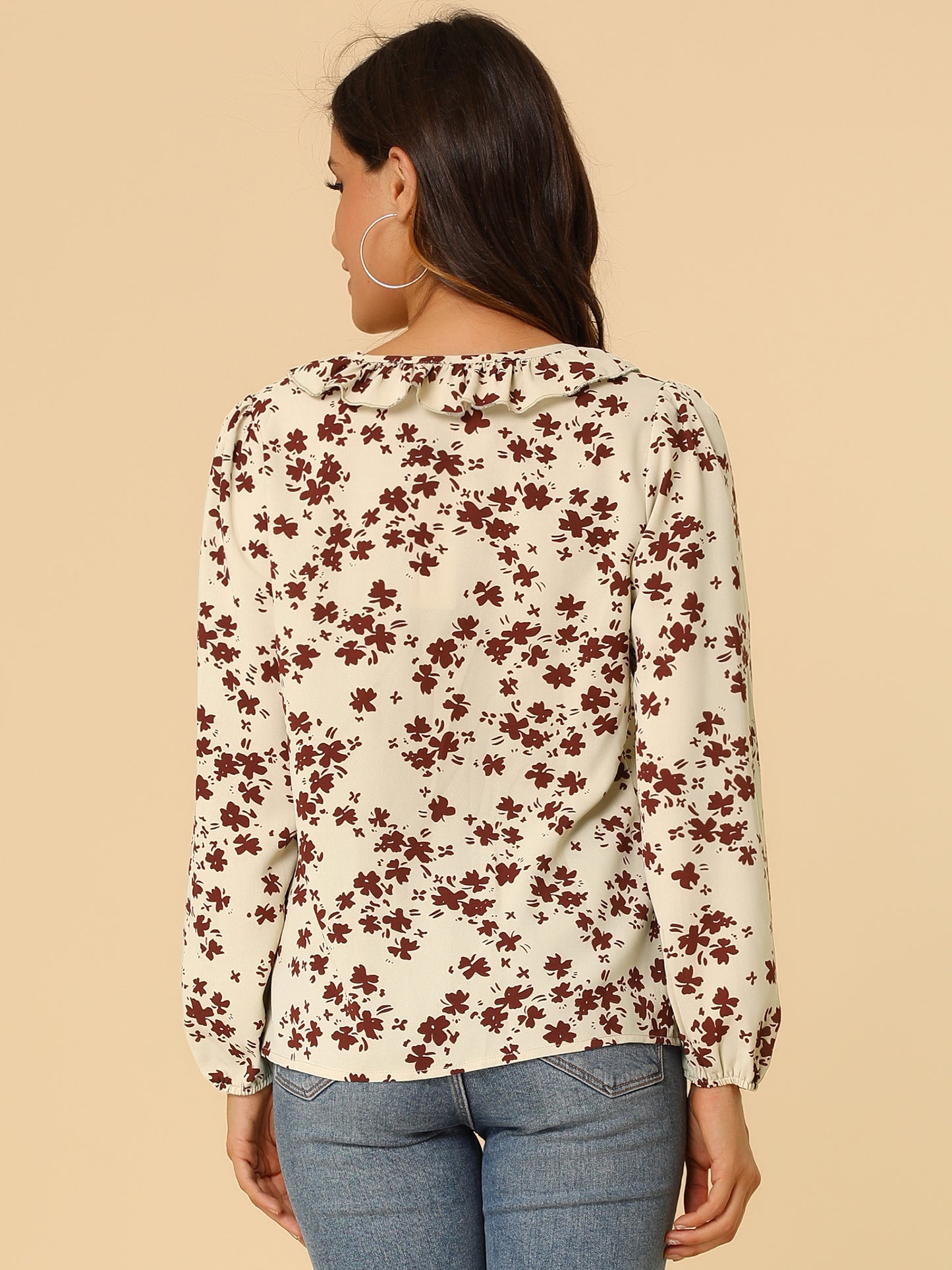 Women's Floral Tie V Neck Ruffle Blouse Top