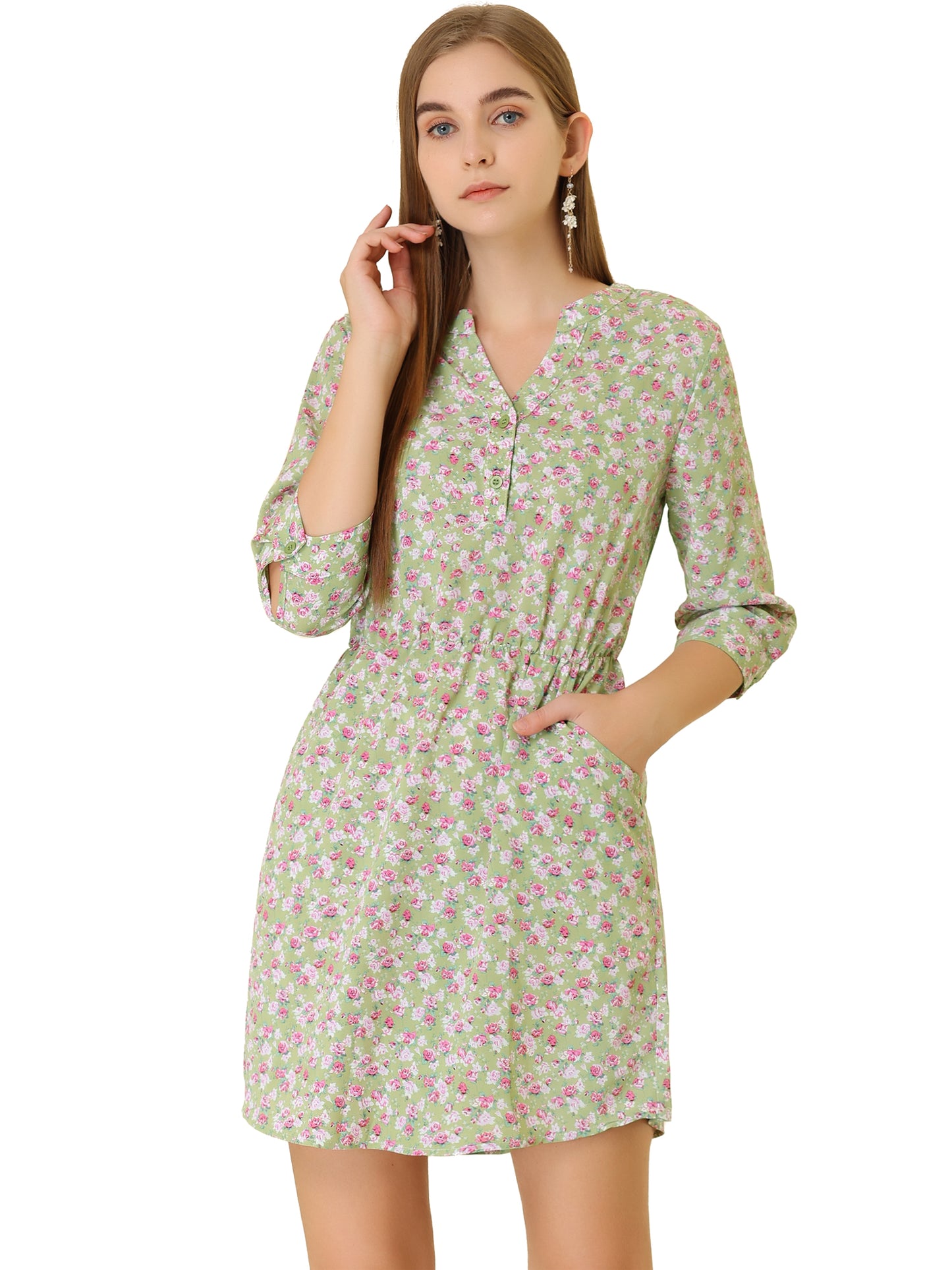 Women's Button-Up V Neck 3/4 Sleeves Floral Shirt Dress with Pockets