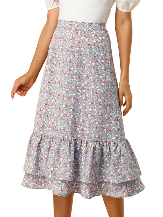 Women's Printed Skirt Summer Chiffon Ruffle Tiered Flowy Midi Skirt