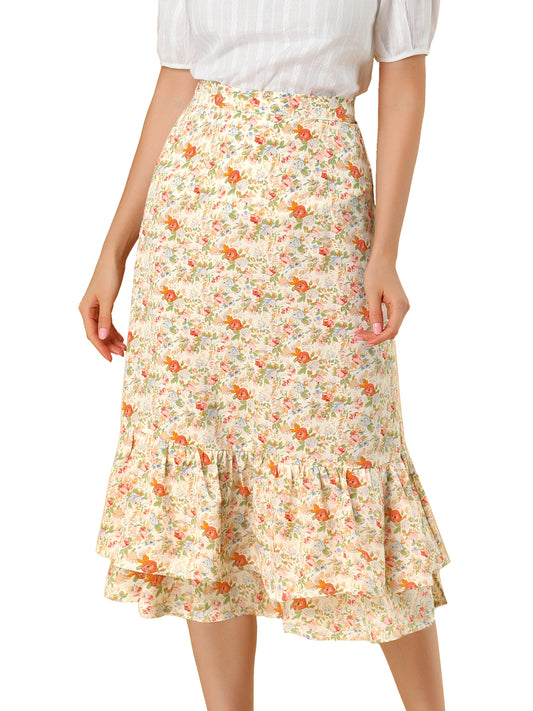 Women's Printed Skirt Summer Chiffon Ruffle Tiered Flowy Midi Skirt