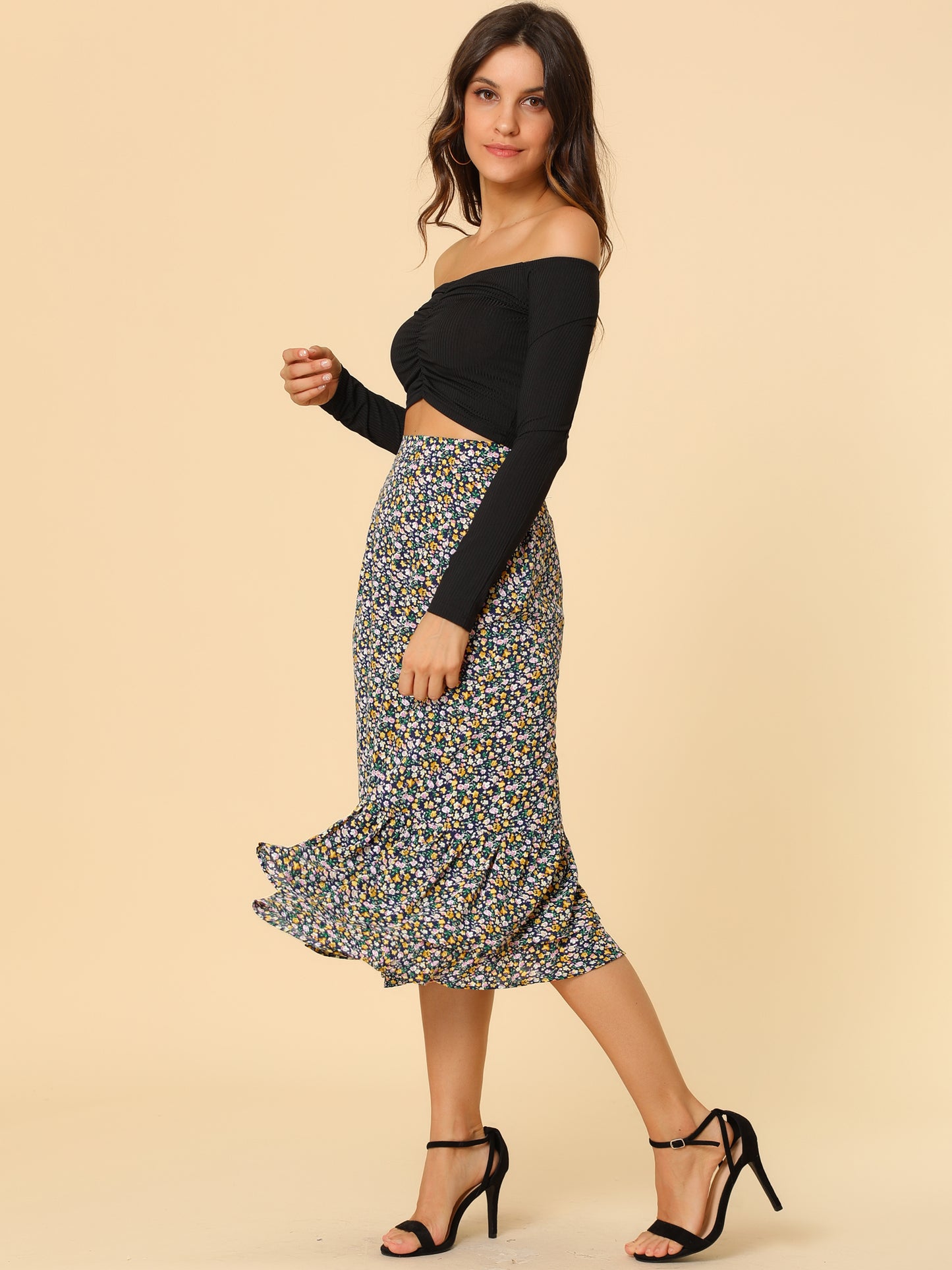 Women's Printed Skirt Summer Chiffon Ruffle Tiered Flowy Midi Skirt