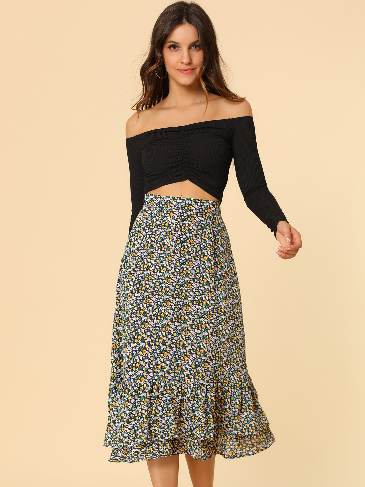 Women's Printed Skirt Summer Chiffon Ruffle Tiered Flowy Midi Skirt