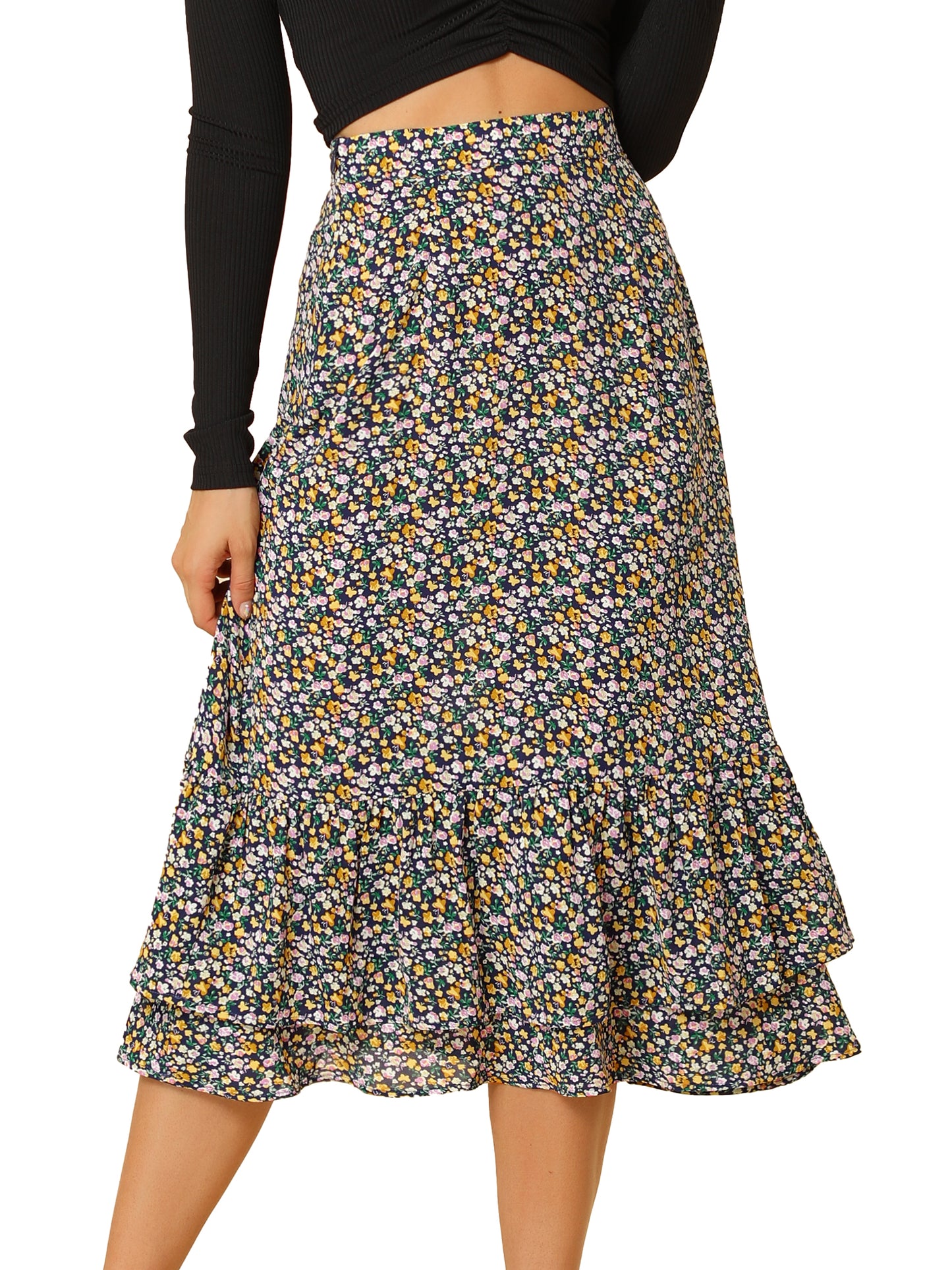 Women's Printed Skirt Summer Chiffon Ruffle Tiered Flowy Midi Skirt