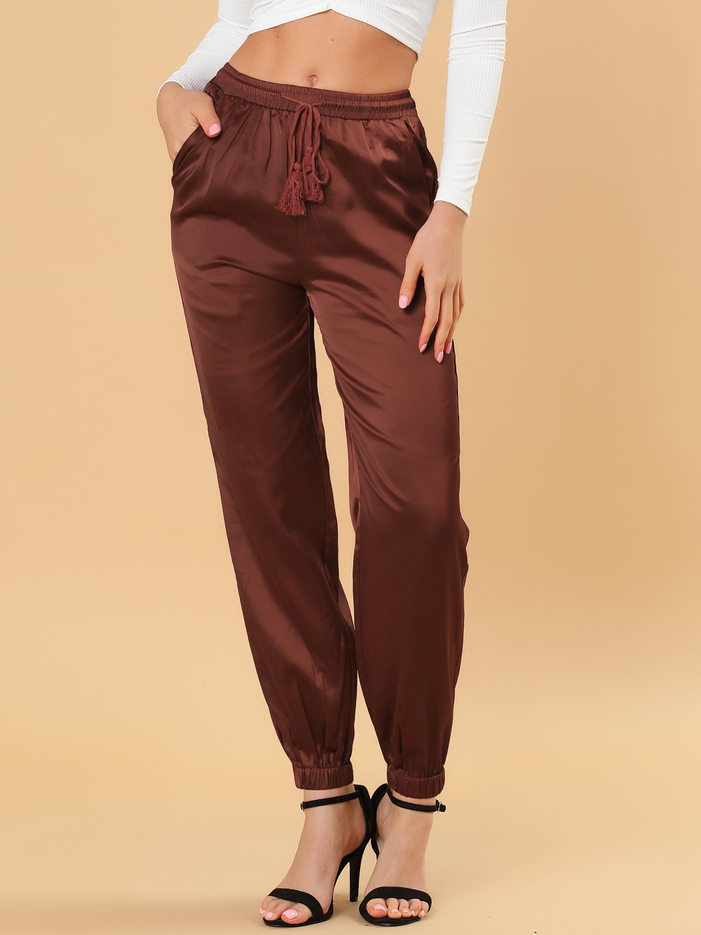 Women's Drawstring Elastic Waist Athleisure Pants Casual Ankle Length Satin Joggers with Pocket