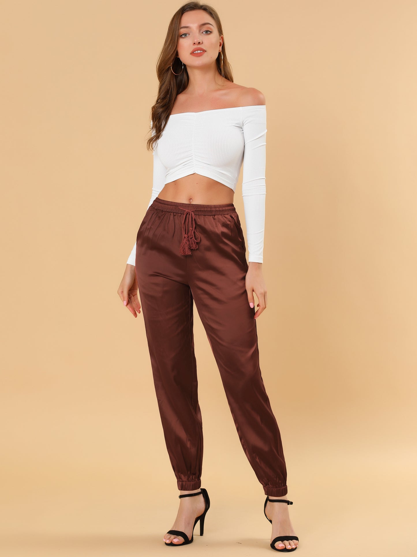 Women's Drawstring Elastic Waist Athleisure Pants Casual Ankle Length Satin Joggers with Pocket