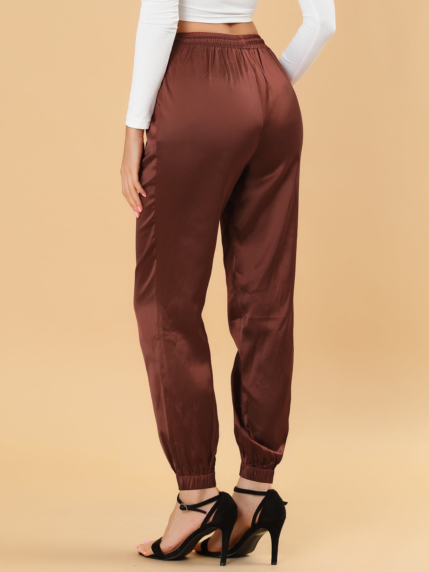 Women's Drawstring Elastic Waist Athleisure Pants Casual Ankle Length Satin Joggers with Pocket