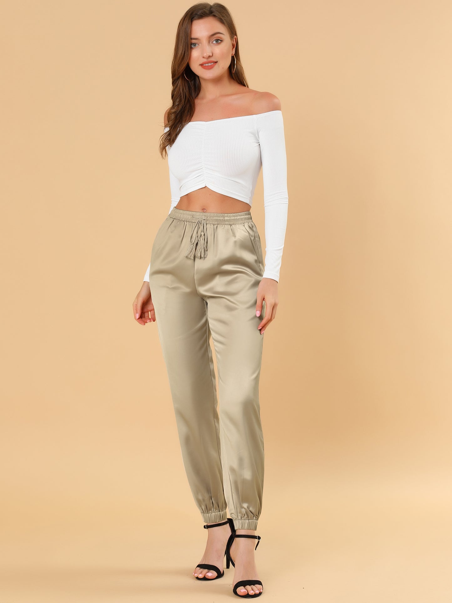 Women's Drawstring Elastic Waist Athleisure Pants Casual Ankle Length Satin Joggers with Pocket