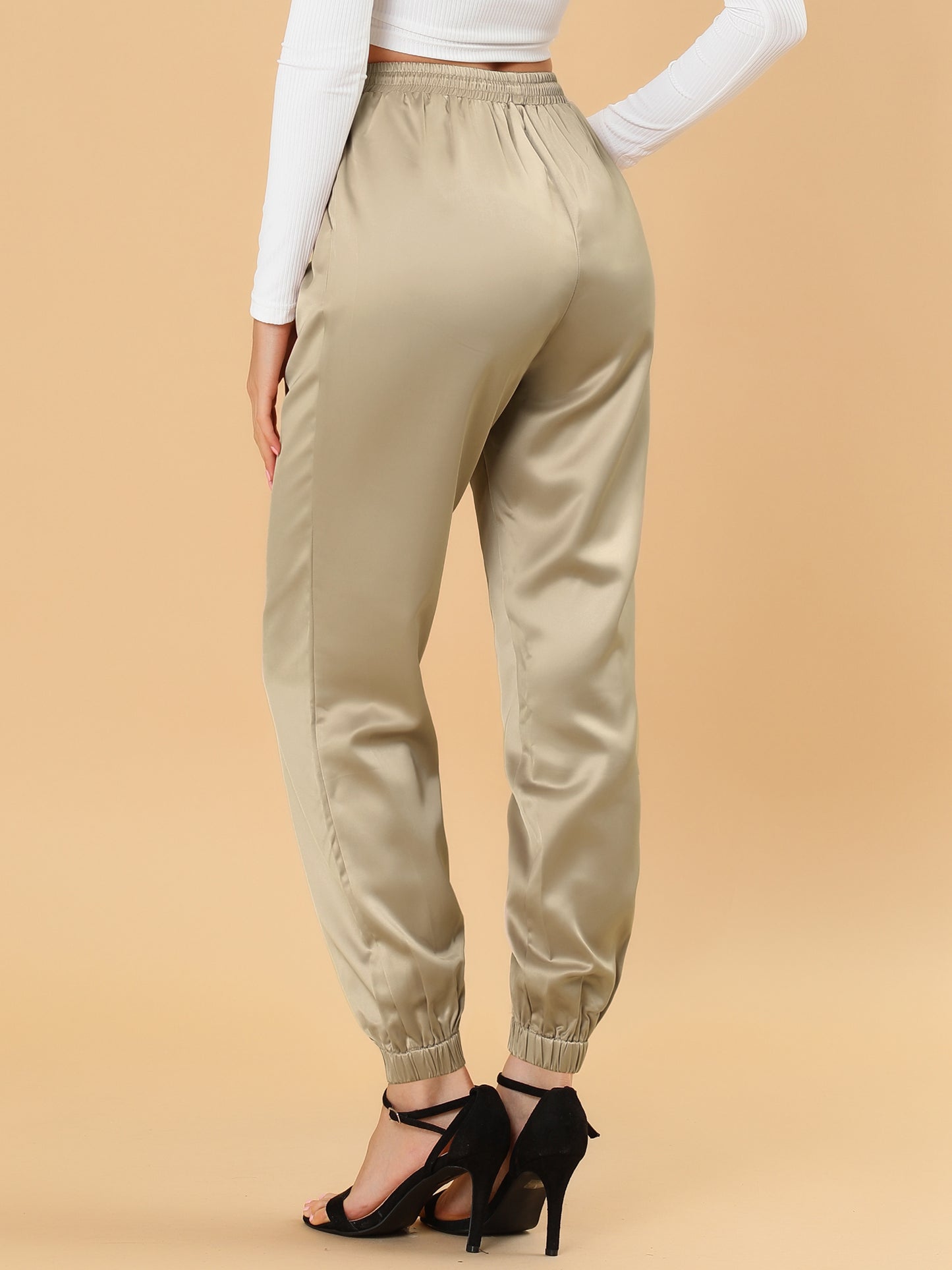 Women's Drawstring Elastic Waist Athleisure Pants Casual Ankle Length Satin Joggers with Pocket