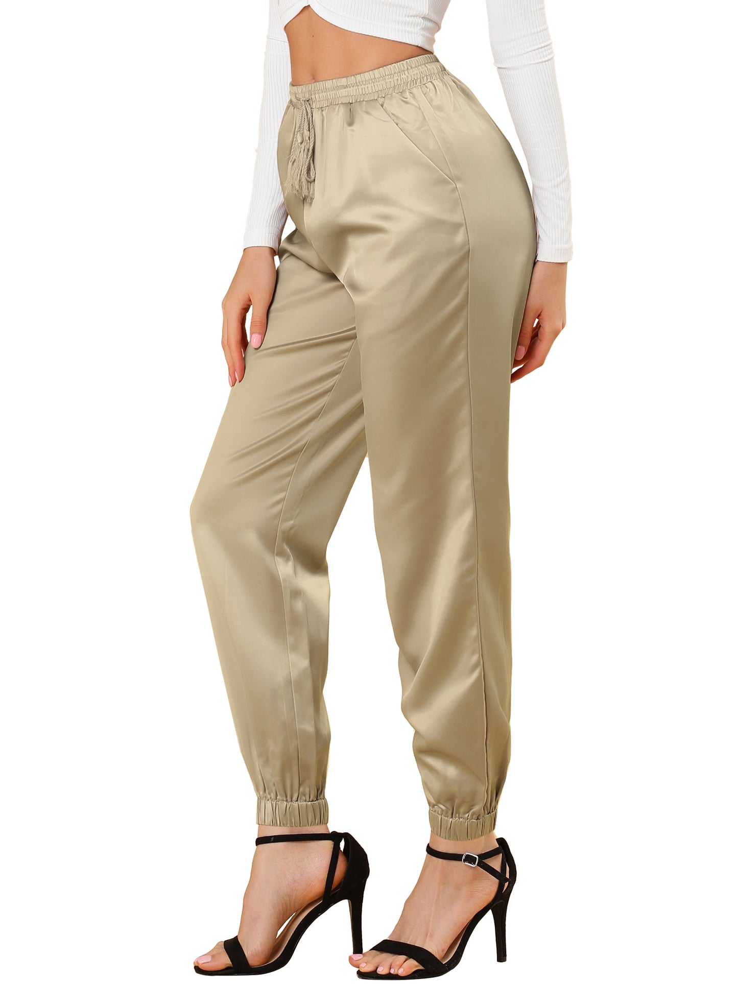Women's Drawstring Elastic Waist Athleisure Pants Casual Ankle Length Satin Joggers with Pocket