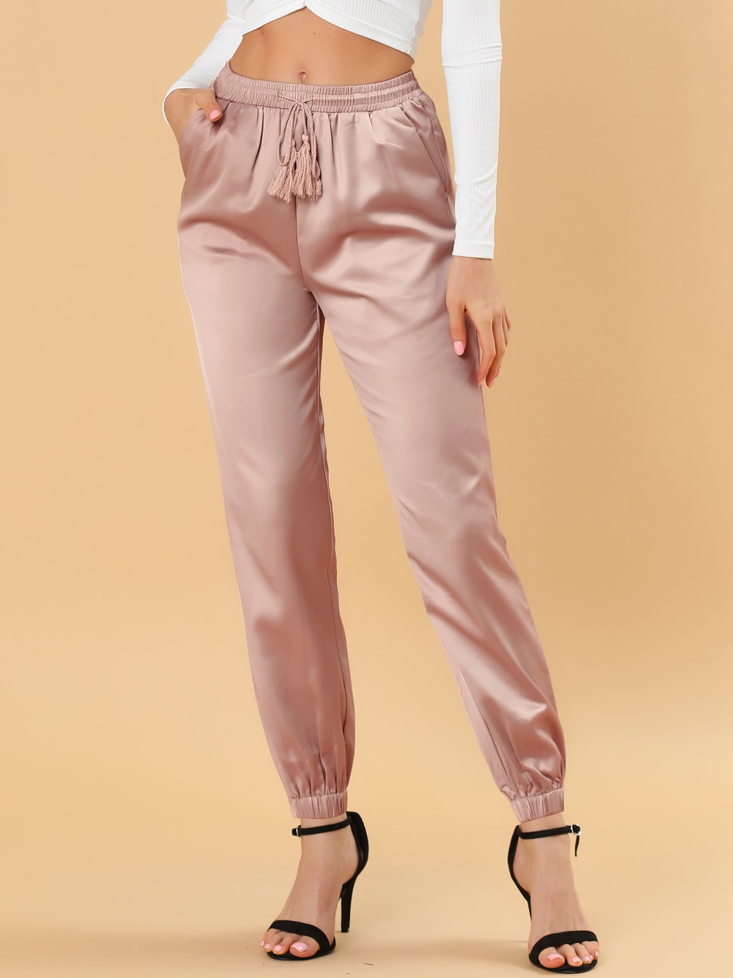 Women's Drawstring Elastic Waist Athleisure Pants Casual Ankle Length Satin Joggers with Pocket