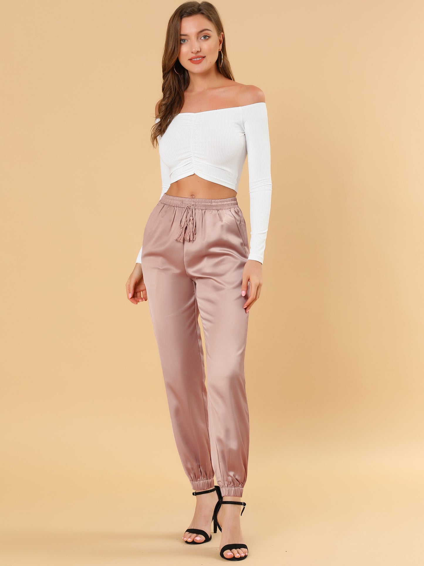 Women's Drawstring Elastic Waist Athleisure Pants Casual Ankle Length Satin Joggers with Pocket