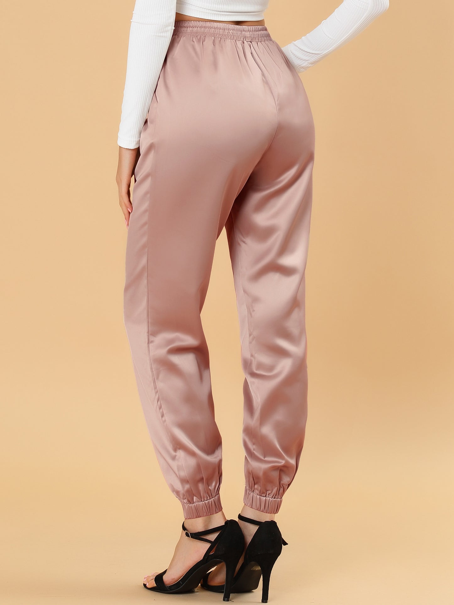Women's Drawstring Elastic Waist Athleisure Pants Casual Ankle Length Satin Joggers with Pocket