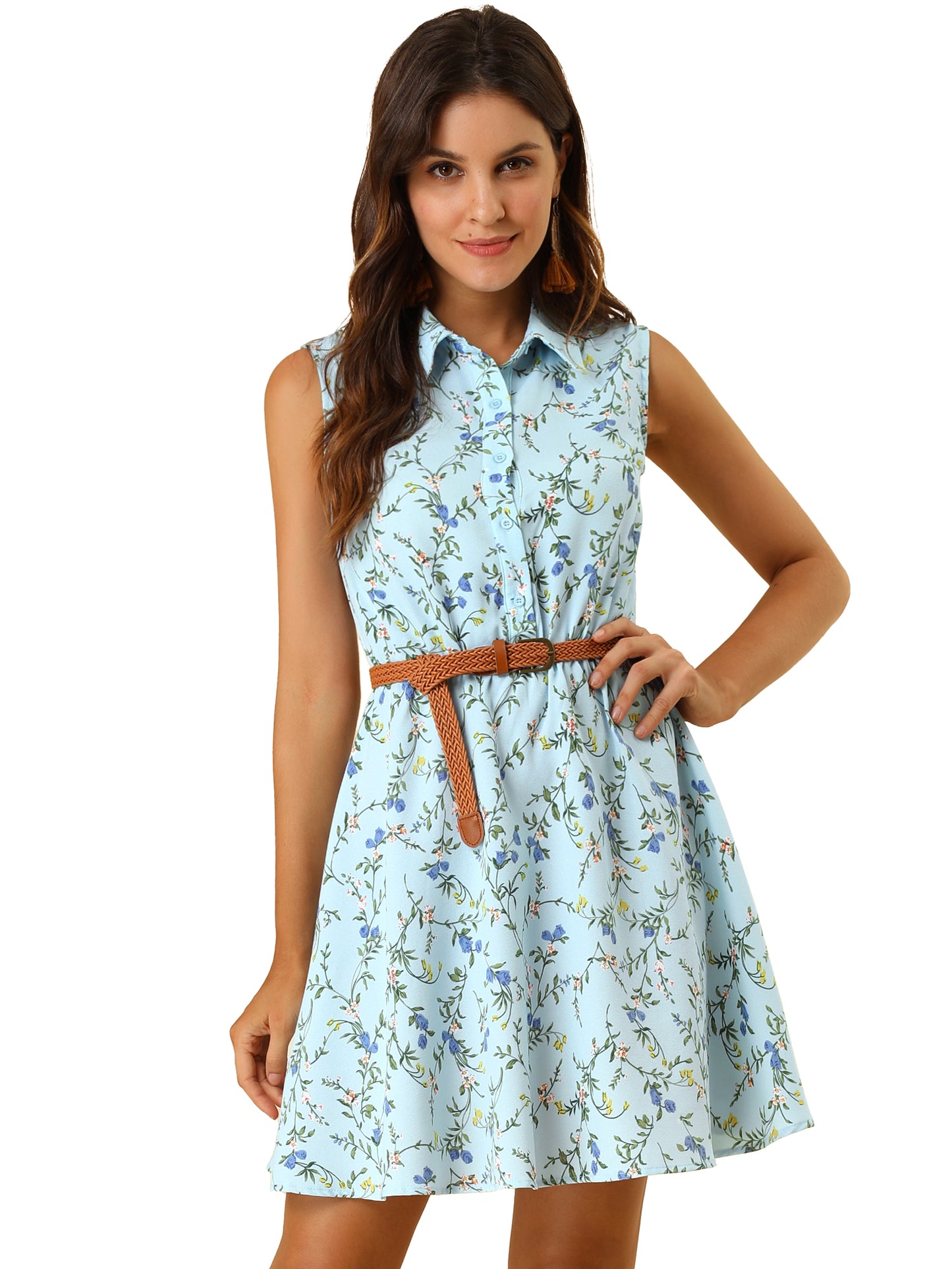 Women's Floral Printed Half Placket Above Knee Summer Sleeveless Belted Dress