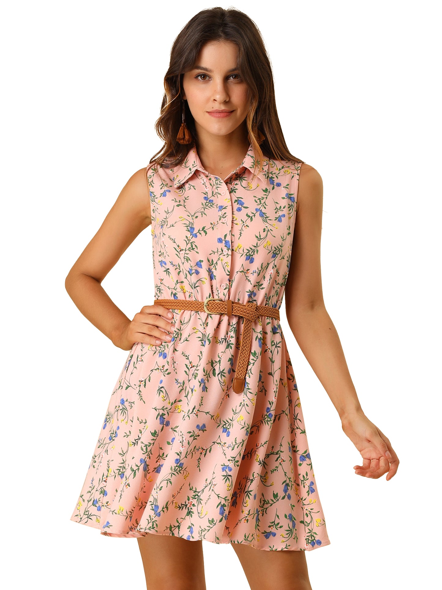 Women's Floral Printed Half Placket Above Knee Summer Sleeveless Belted Dress