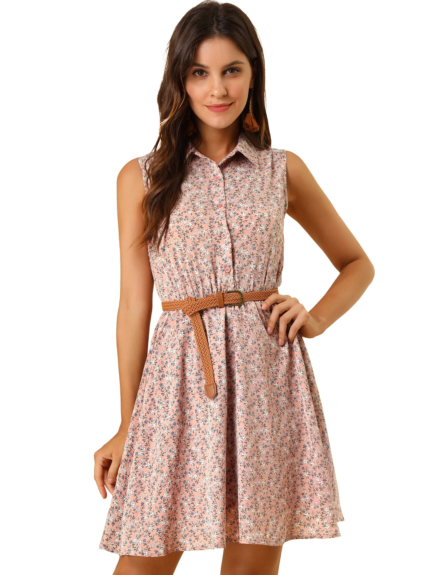 Women's Floral Printed Half Placket Above Knee Summer Sleeveless Belted Dress