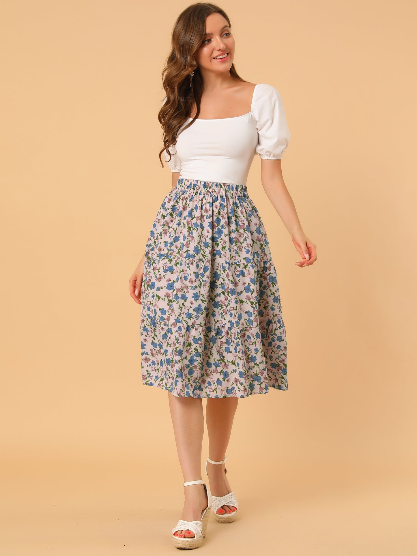 Falda escalonada con dobladillo con volantes, cintura elástica y estampado floral para mujer