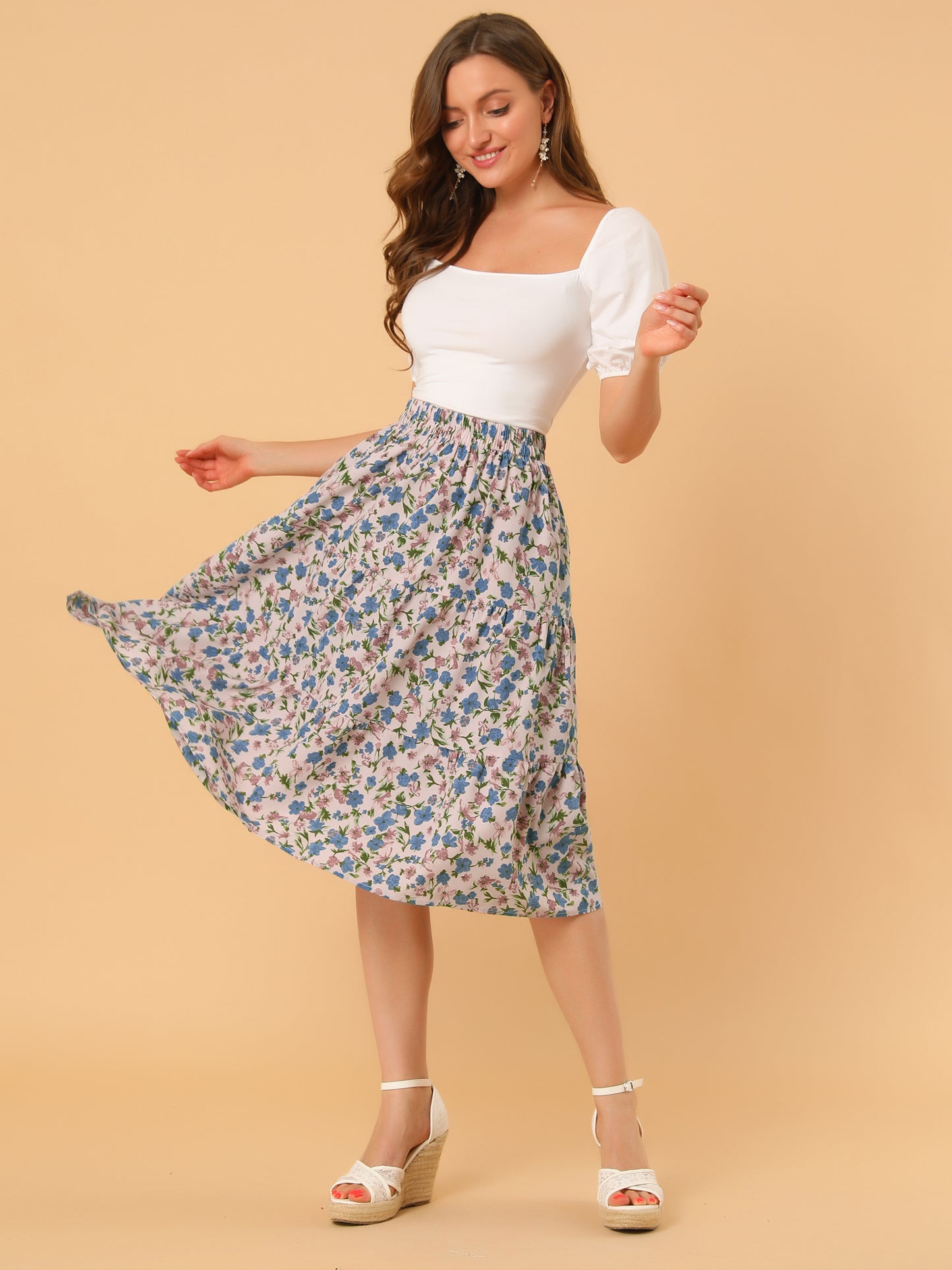 Falda escalonada con dobladillo con volantes, cintura elástica y estampado floral para mujer