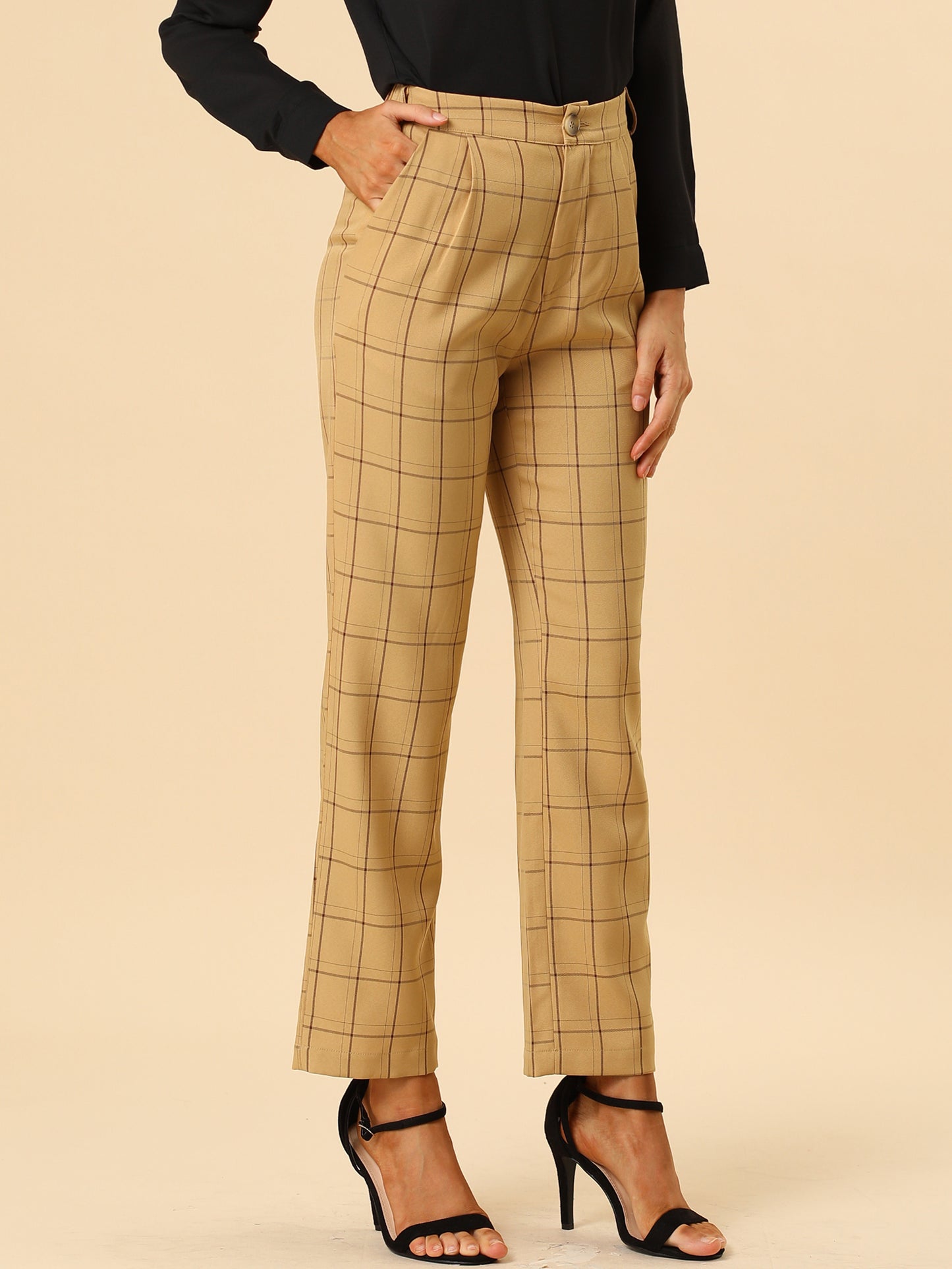 Women's Plaid Pants Elastic Waist Casual Work Office Long Trousers