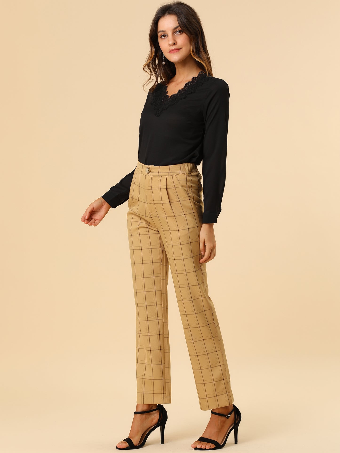 Women's Plaid Pants Elastic Waist Casual Work Office Long Trousers