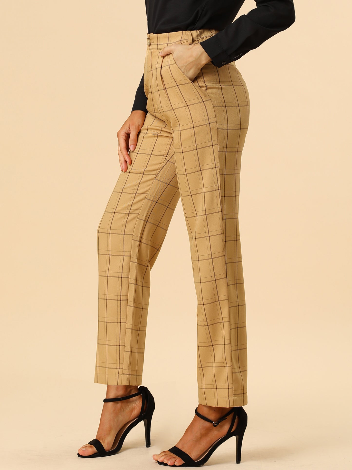 Women's Plaid Pants Elastic Waist Casual Work Office Long Trousers