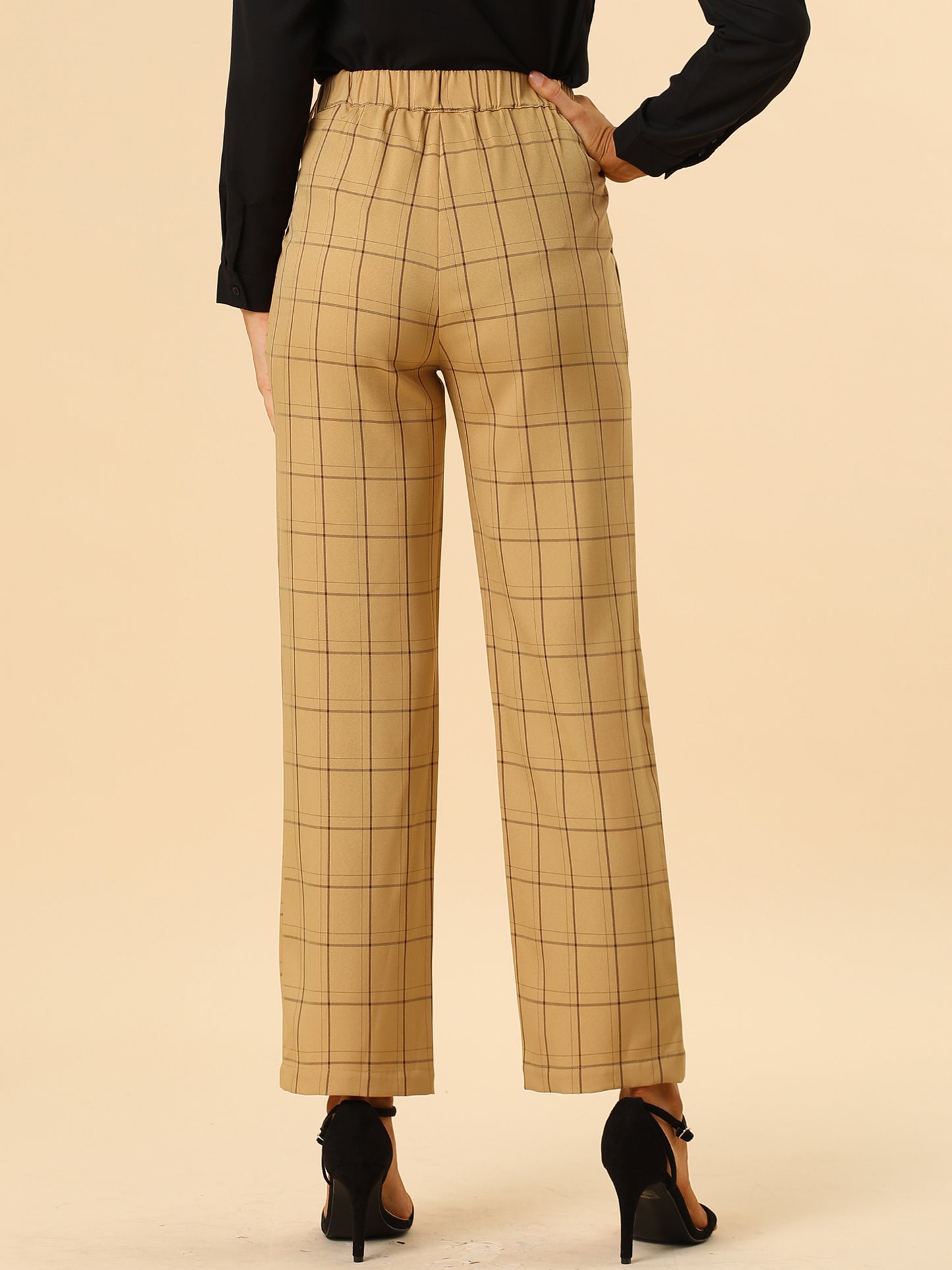 Women's Plaid Pants Elastic Waist Casual Work Office Long Trousers