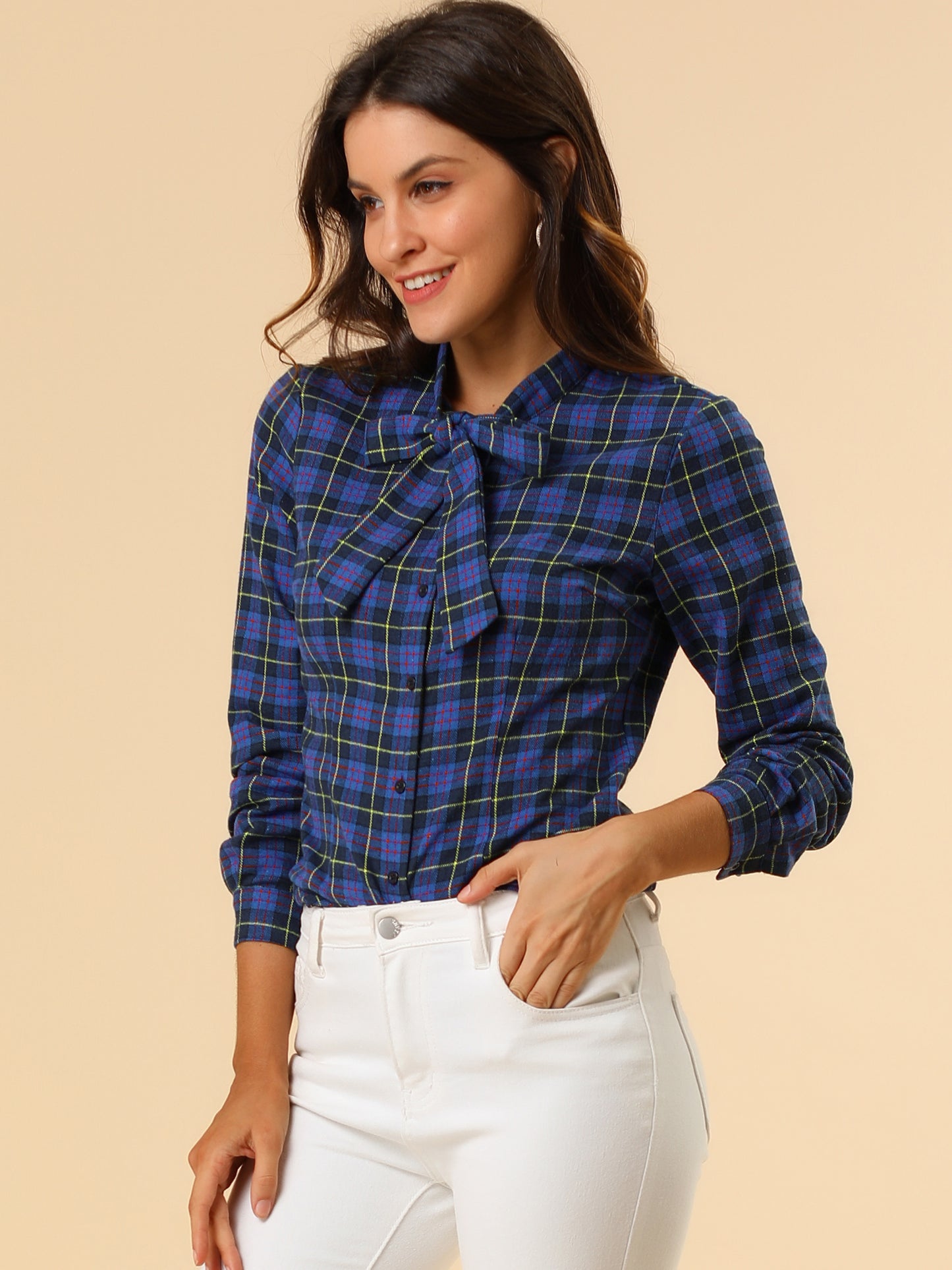Women's Plaid Tie Neck Button Down Long Sleeves Shirt