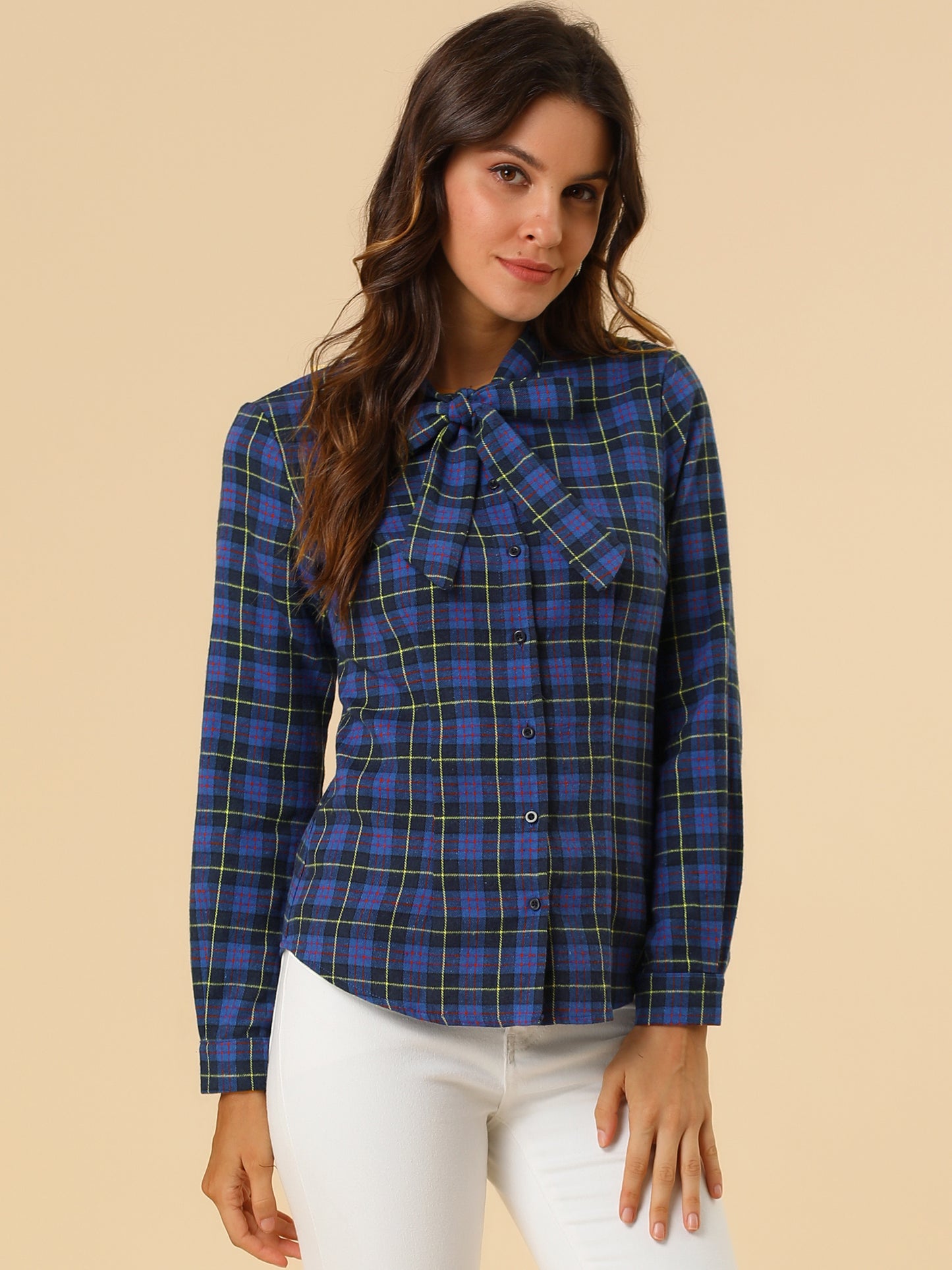 Women's Plaid Tie Neck Button Down Long Sleeves Shirt