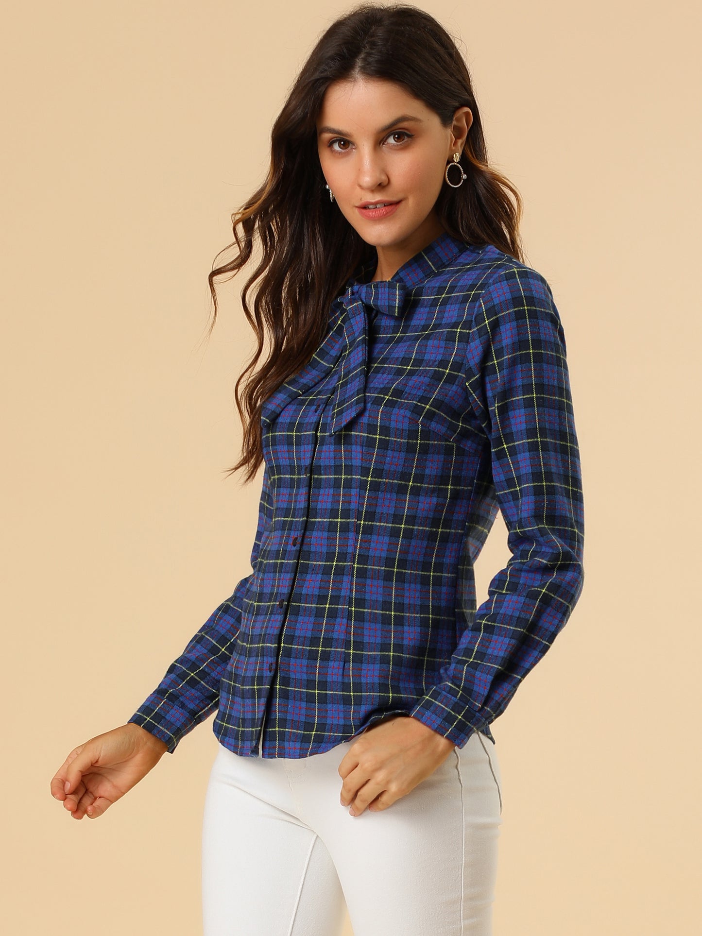 Women's Plaid Tie Neck Button Down Long Sleeves Shirt