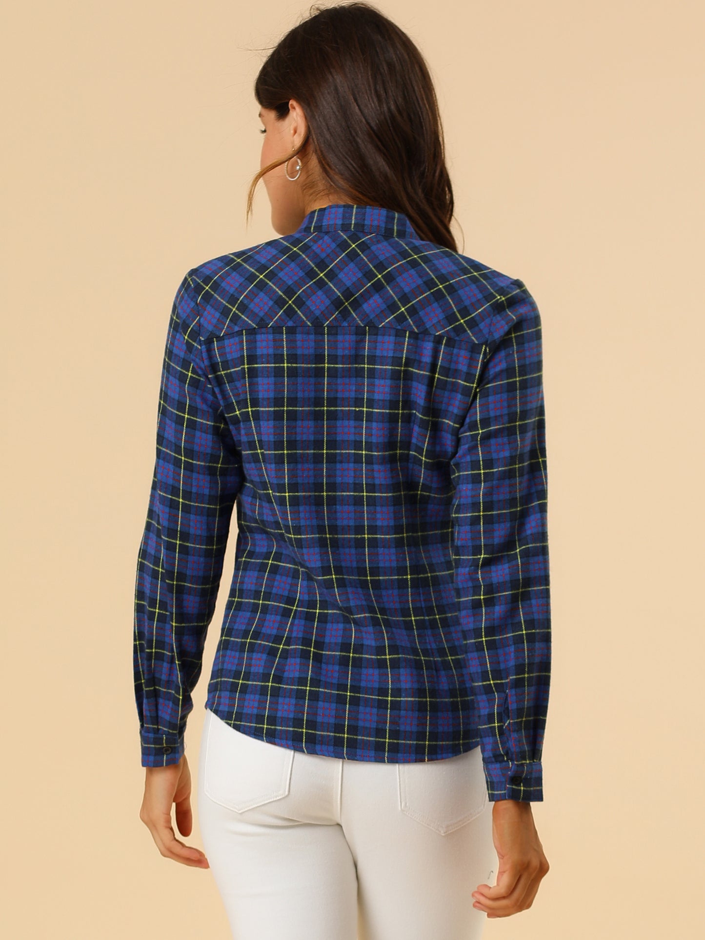 Women's Plaid Tie Neck Button Down Long Sleeves Shirt