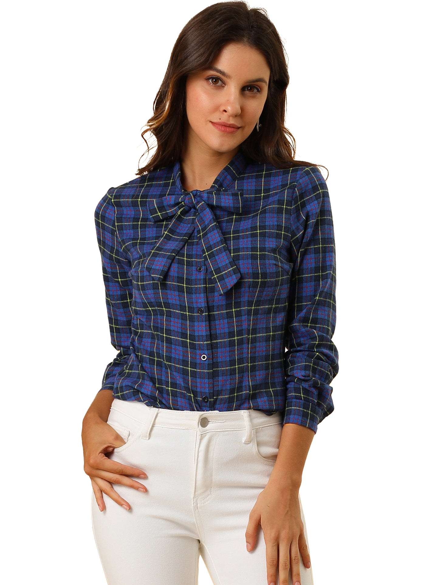 Women's Plaid Tie Neck Button Down Long Sleeves Shirt