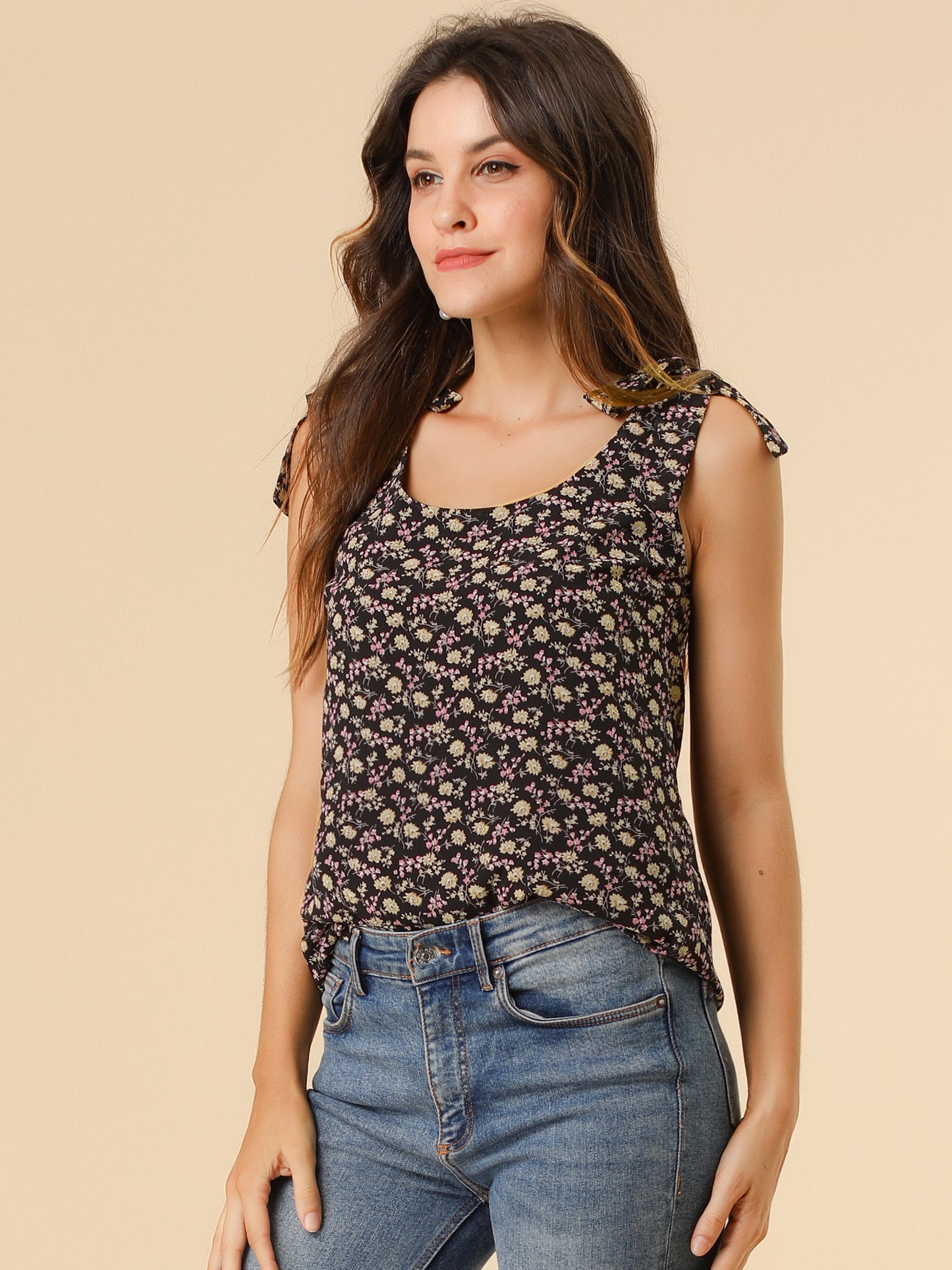 Women's Chiffon Floral Sleeveless Bow Tie Straps Boho Peasant Casual Vest Tank Top