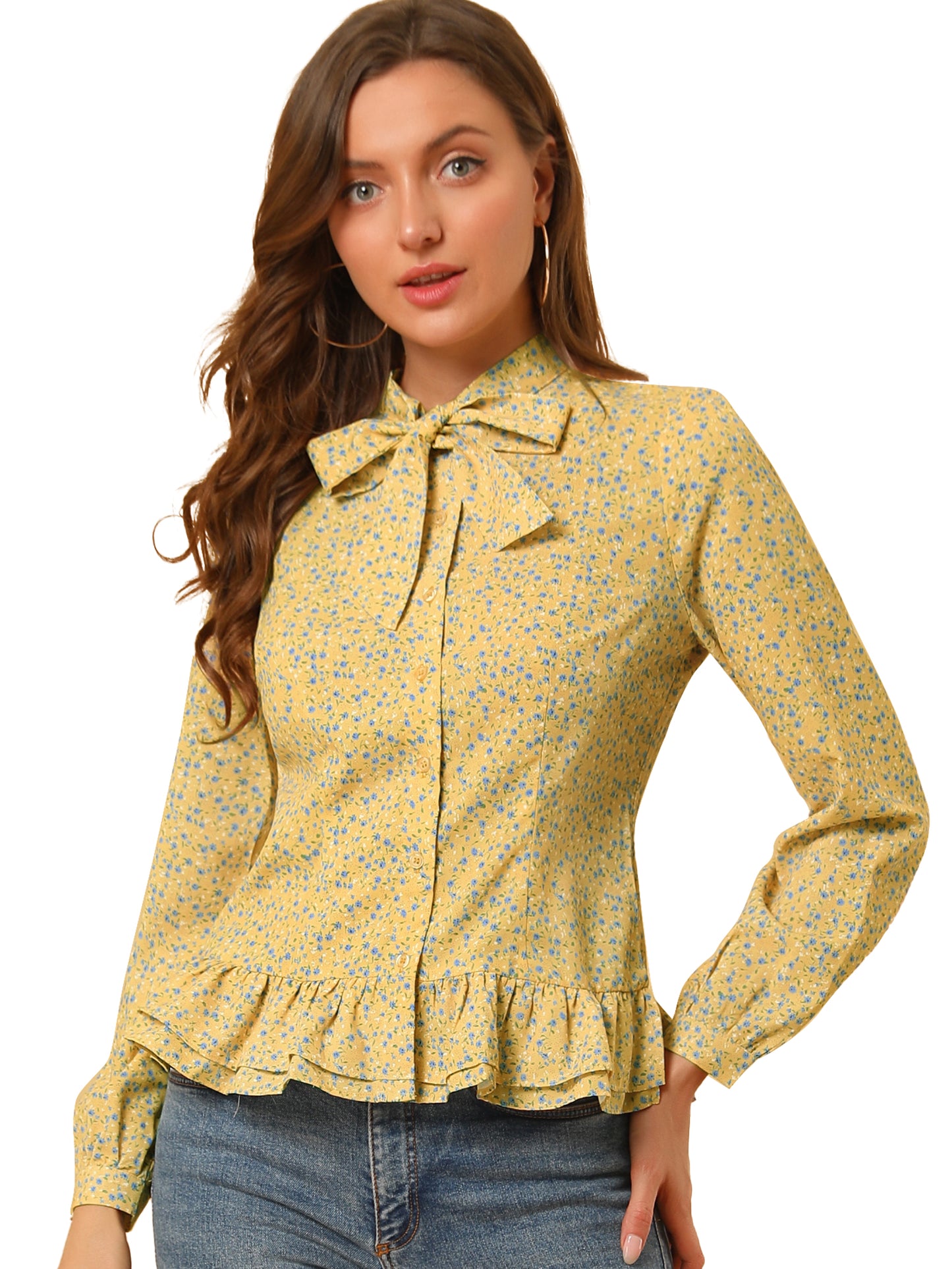 Women's Floral Blouse Bow Tie Neck Ruffle Hem Button Down Shirt