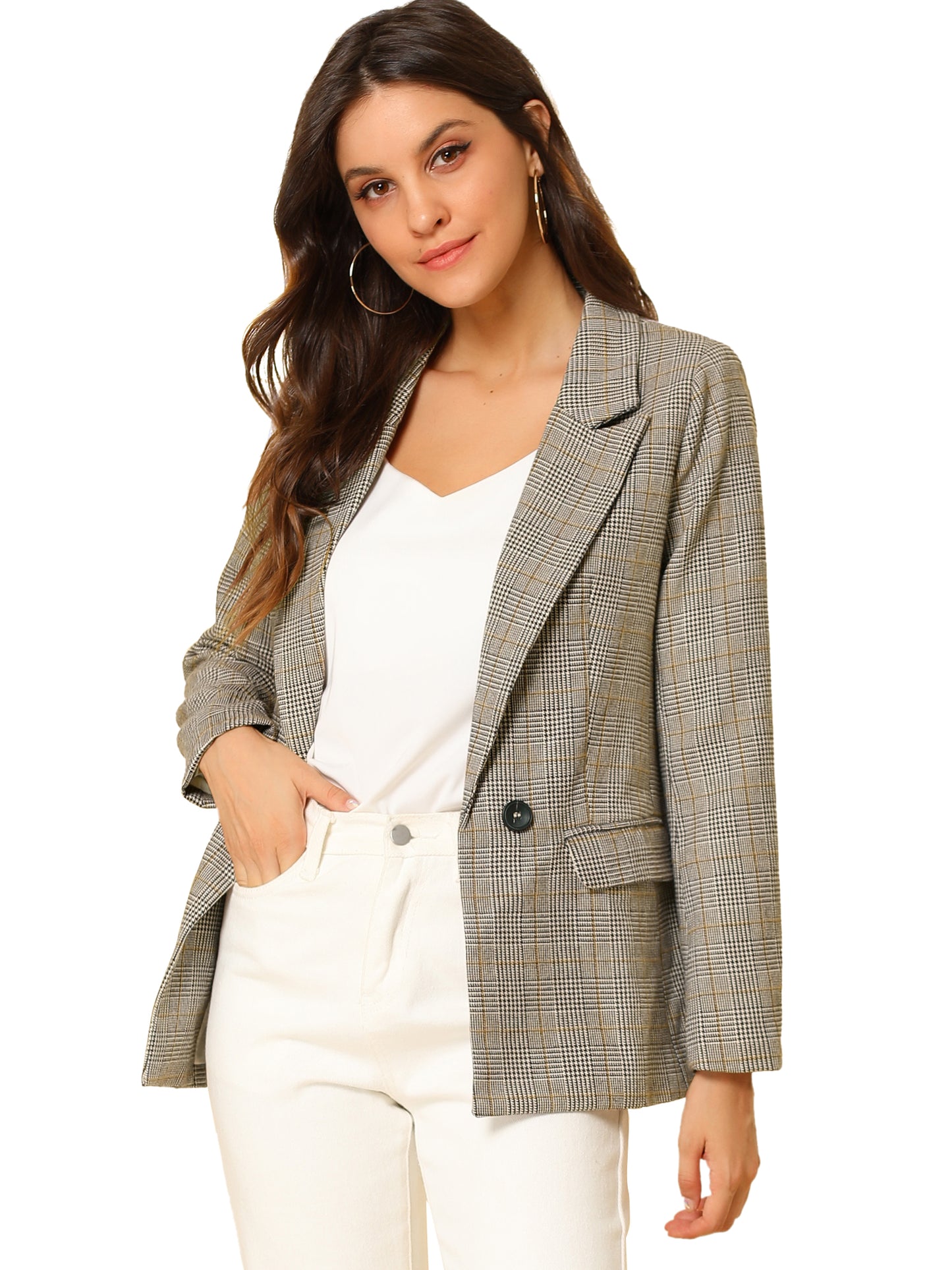 Women's Notched Lapel One Button Plaid Blazer Suit Jacket