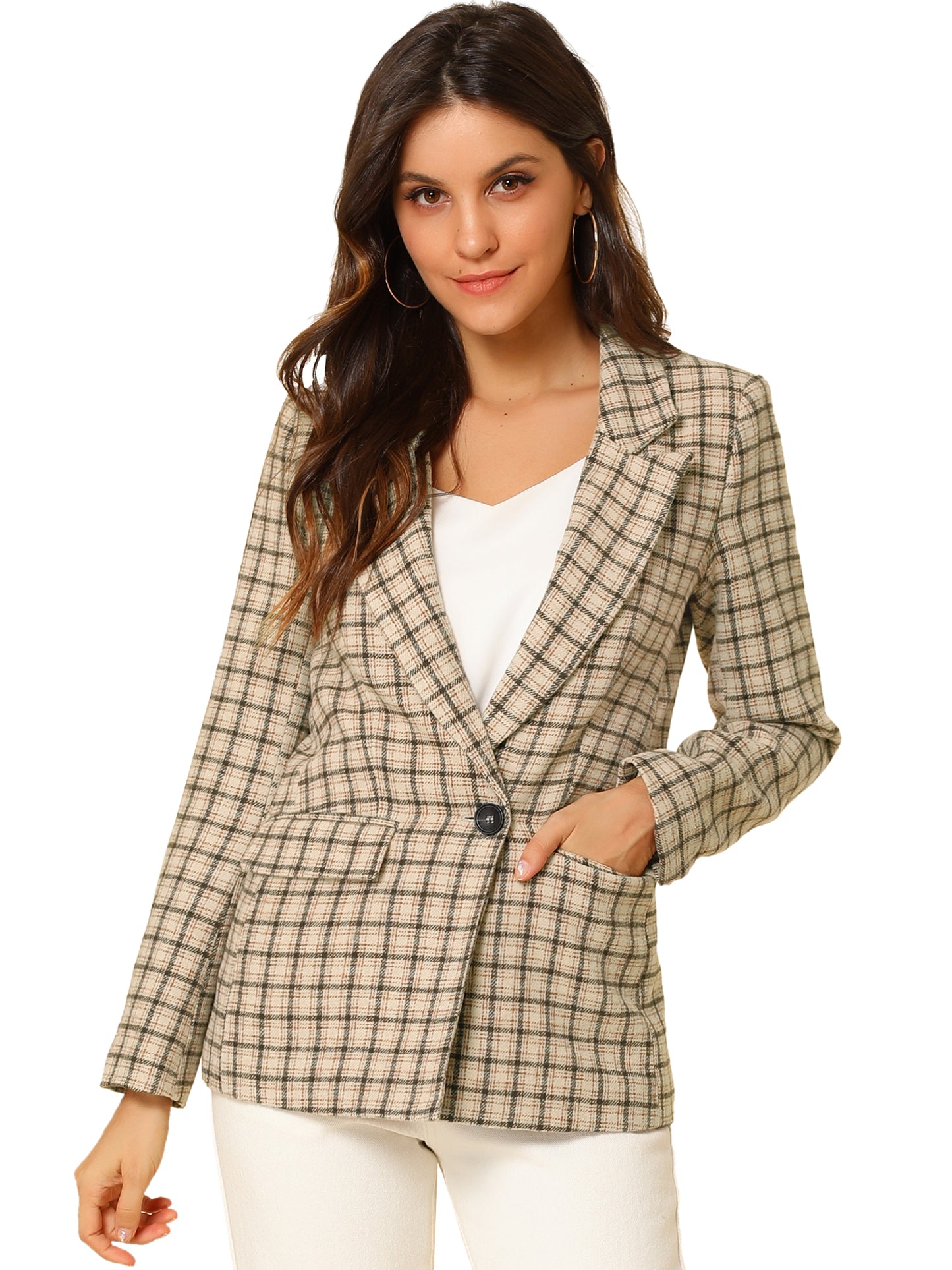 Women's Notched Lapel One Button Plaid Blazer Suit Jacket