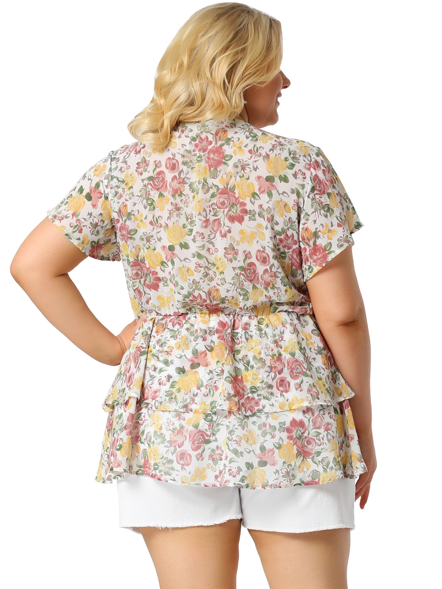 Women Plus Size Summe Tops V Neck Short Sleeve layered Floral Blouse