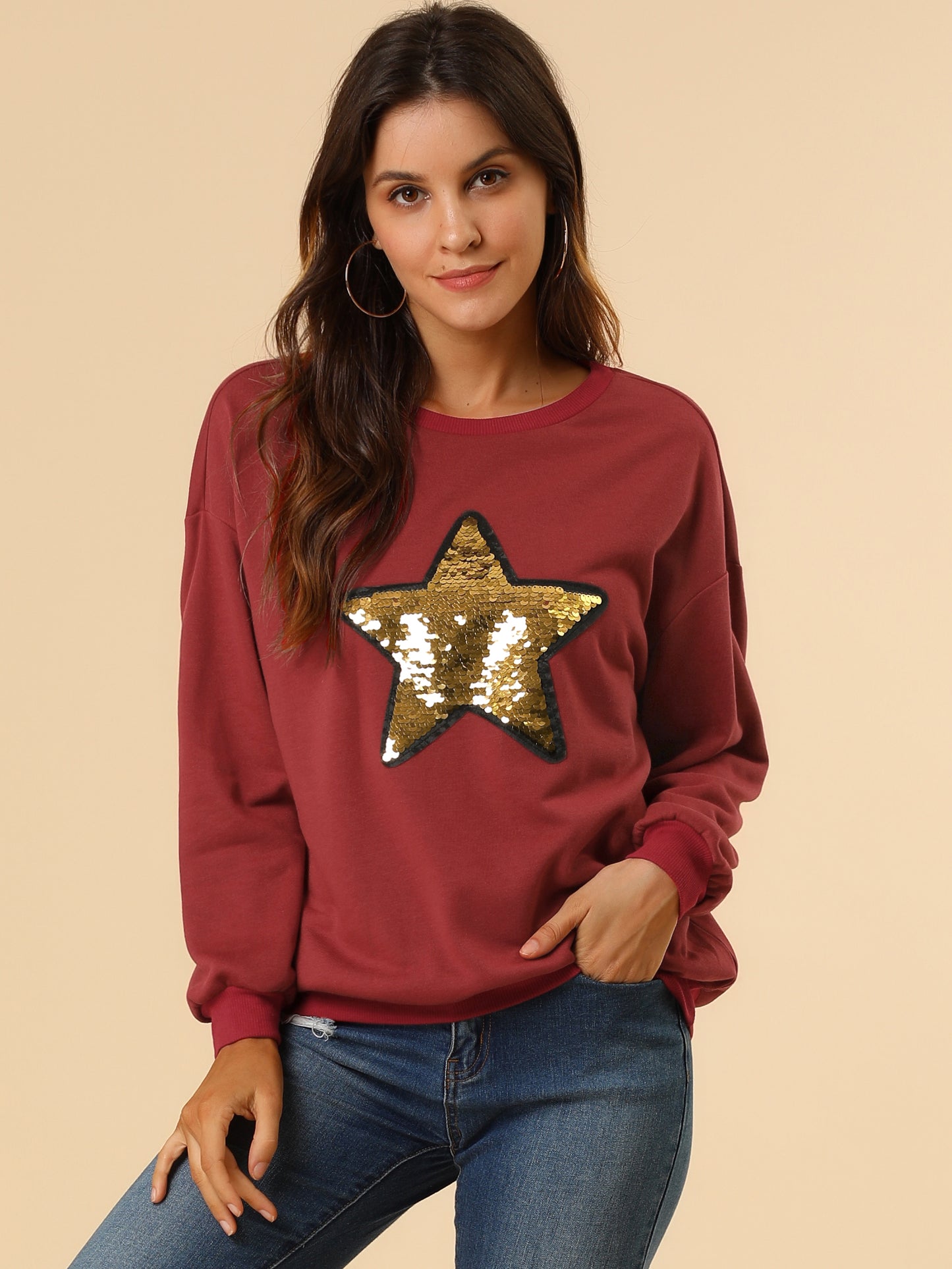 Women's Sequin Shiny Star Crew Neck Long Sleeve Sweatshirt Top