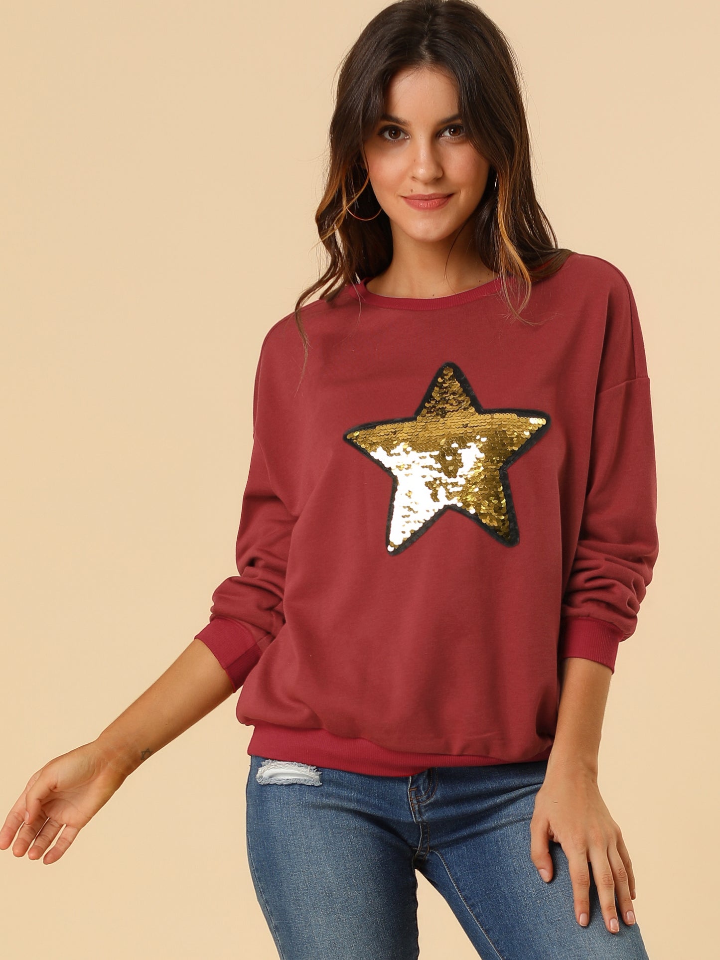 Women's Sequin Shiny Star Crew Neck Long Sleeve Sweatshirt Top
