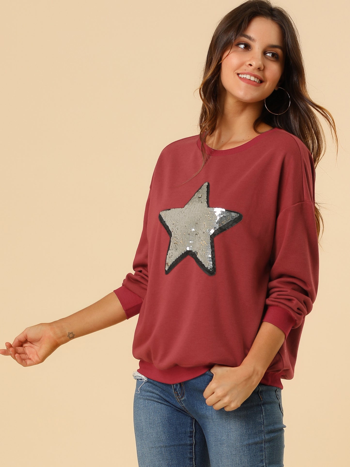 Women's Sequin Shiny Star Crew Neck Long Sleeve Sweatshirt Top