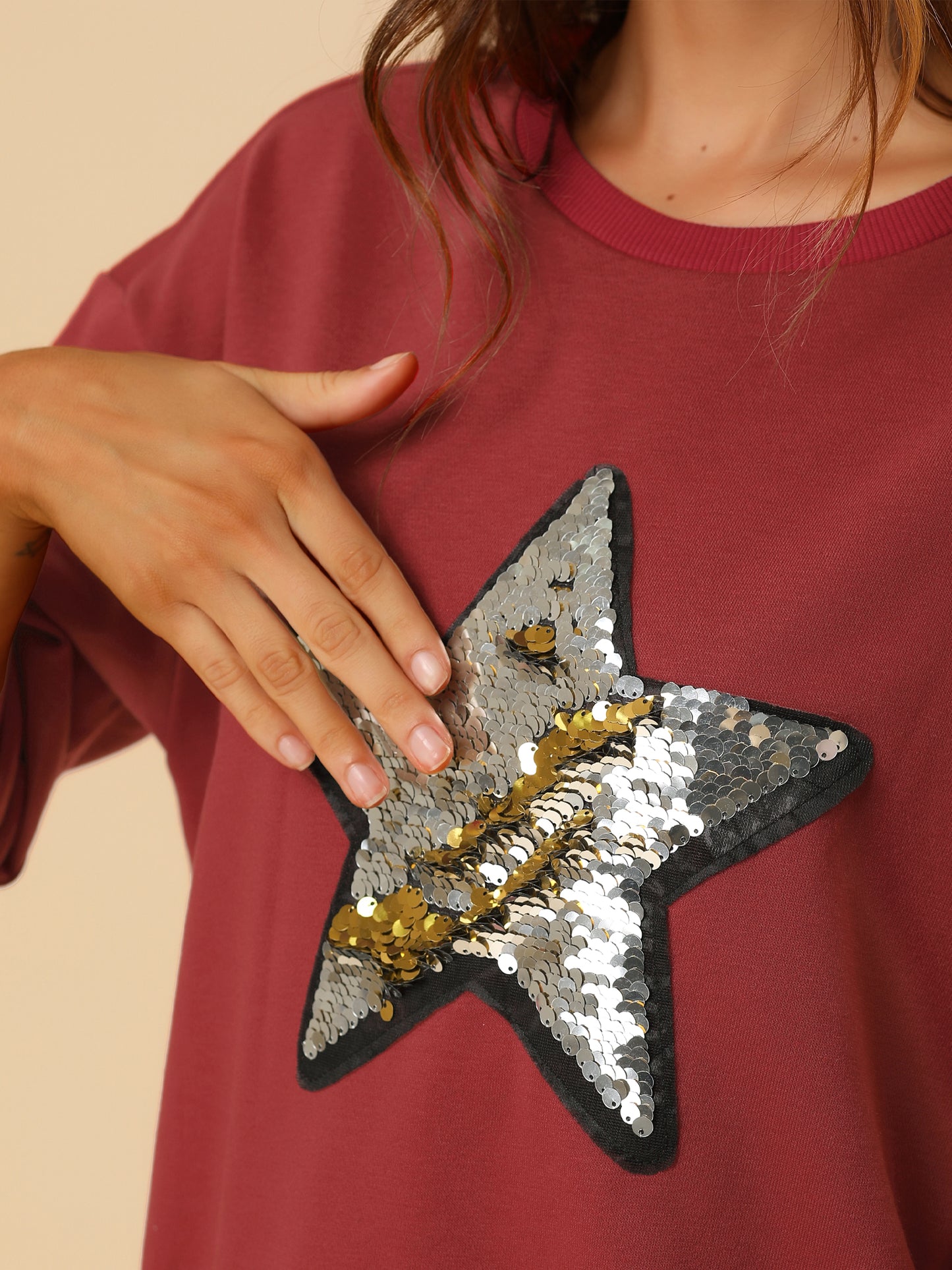 Women's Sequin Shiny Star Crew Neck Long Sleeve Sweatshirt Top