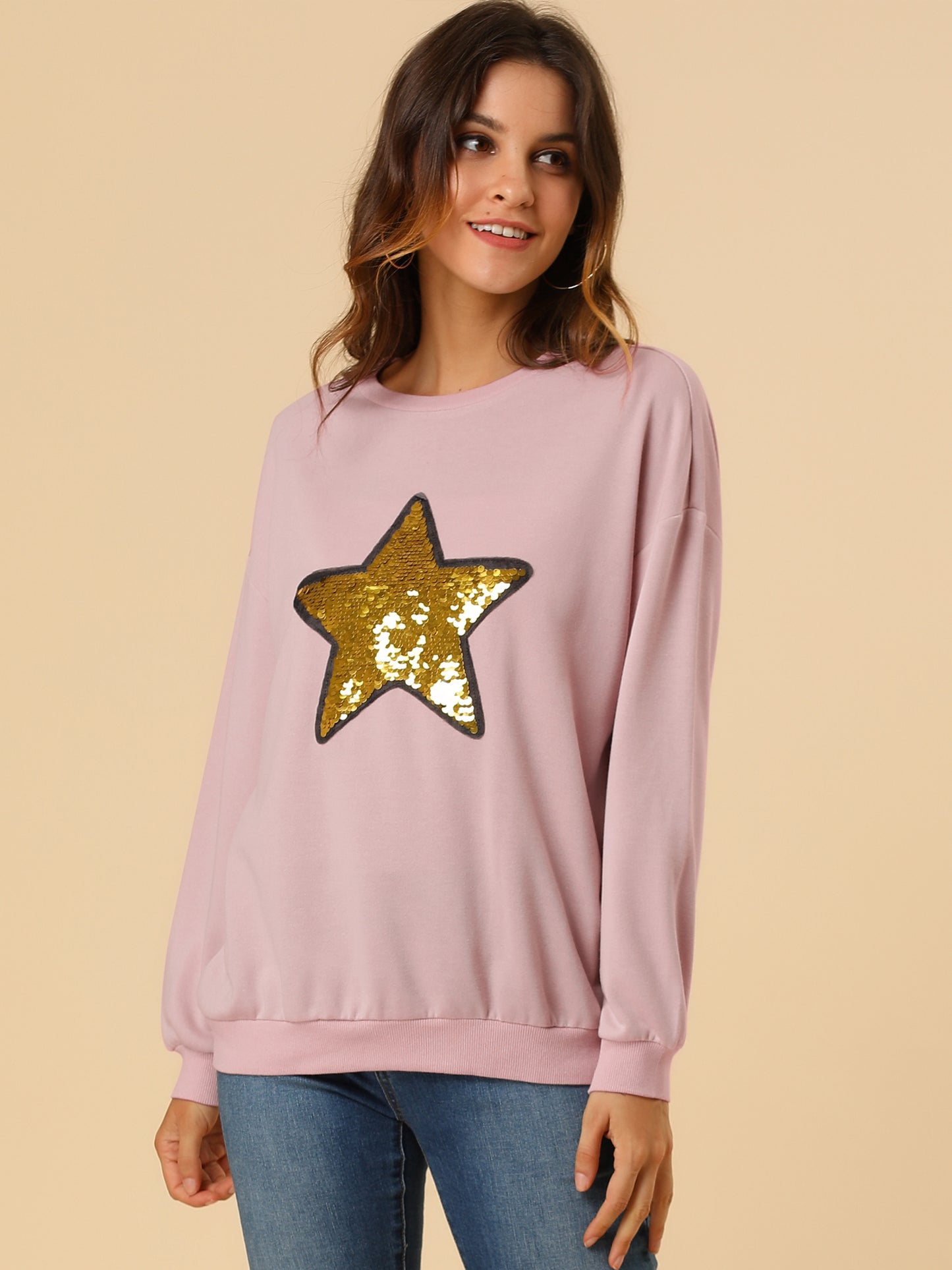 Women's Sequin Shiny Star Crew Neck Long Sleeve Sweatshirt Top