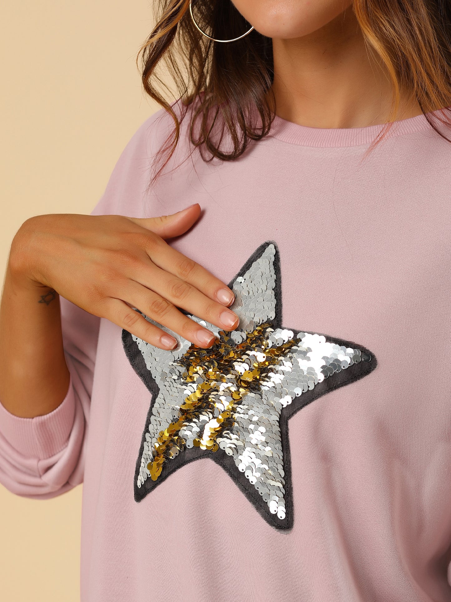Women's Sequin Shiny Star Crew Neck Long Sleeve Sweatshirt Top