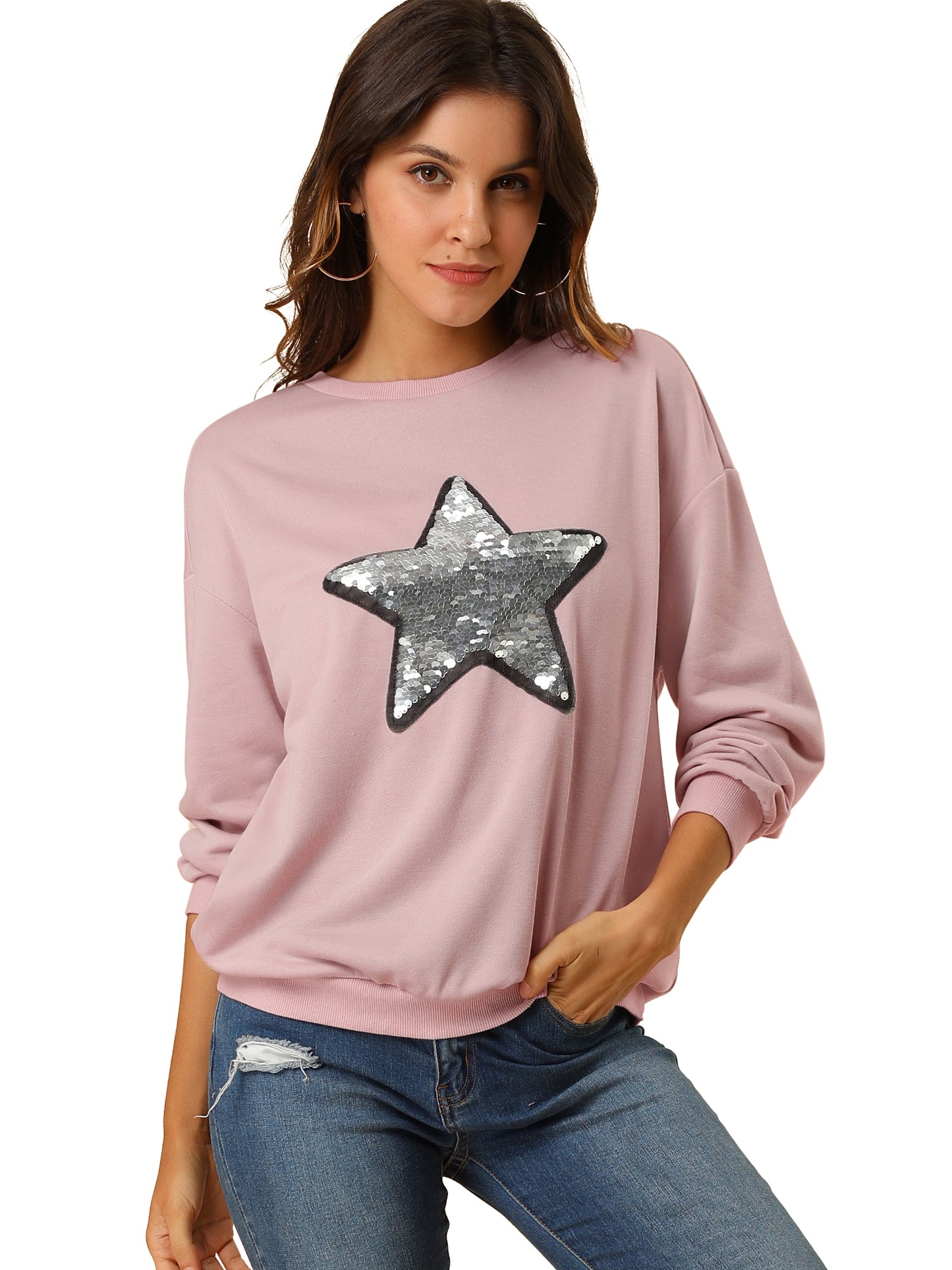 Women's Sequin Shiny Star Crew Neck Long Sleeve Sweatshirt Top