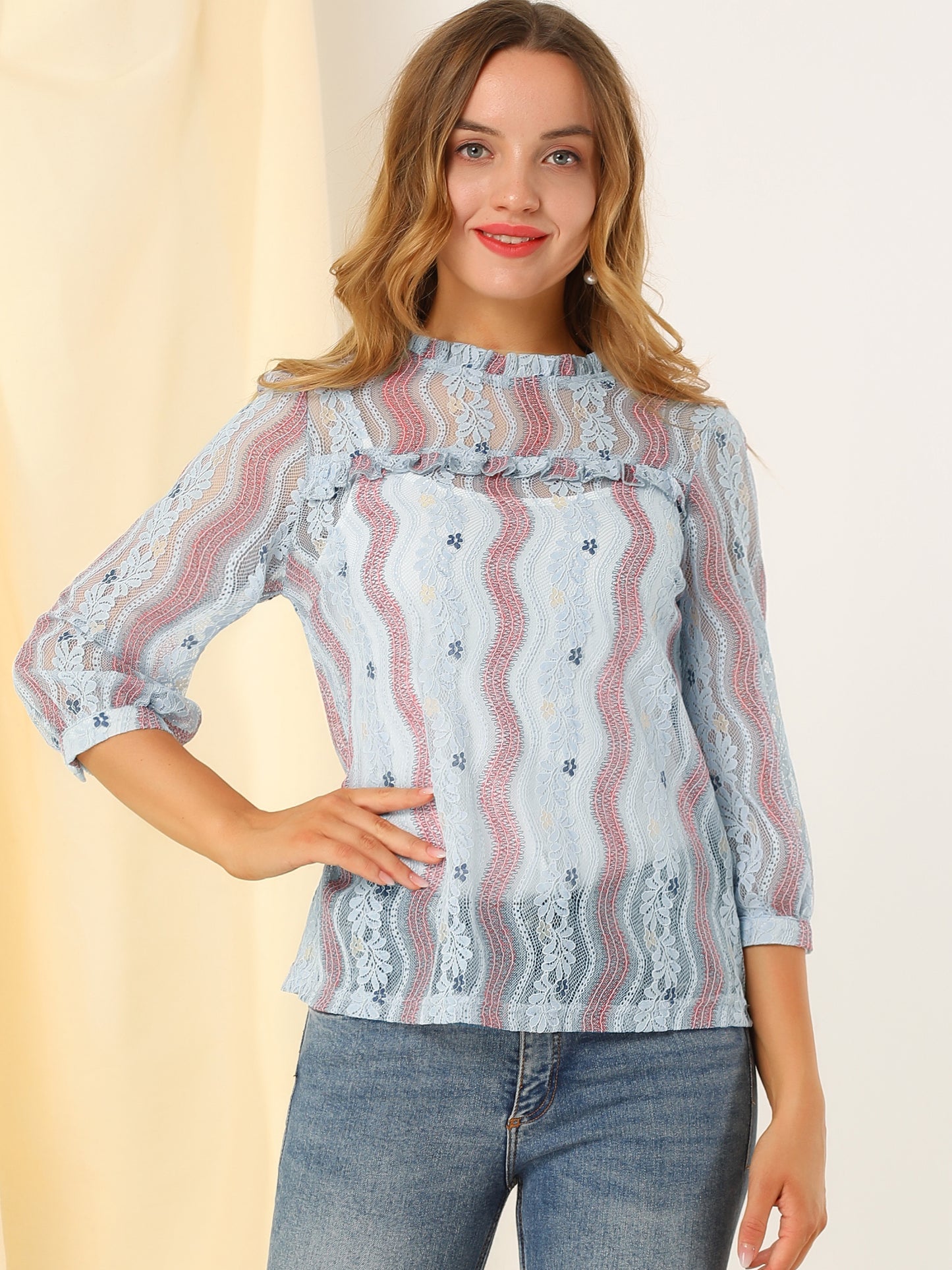 Women's 3/4 Sleeves Ruffle Mock Neck Sheer Lace Top